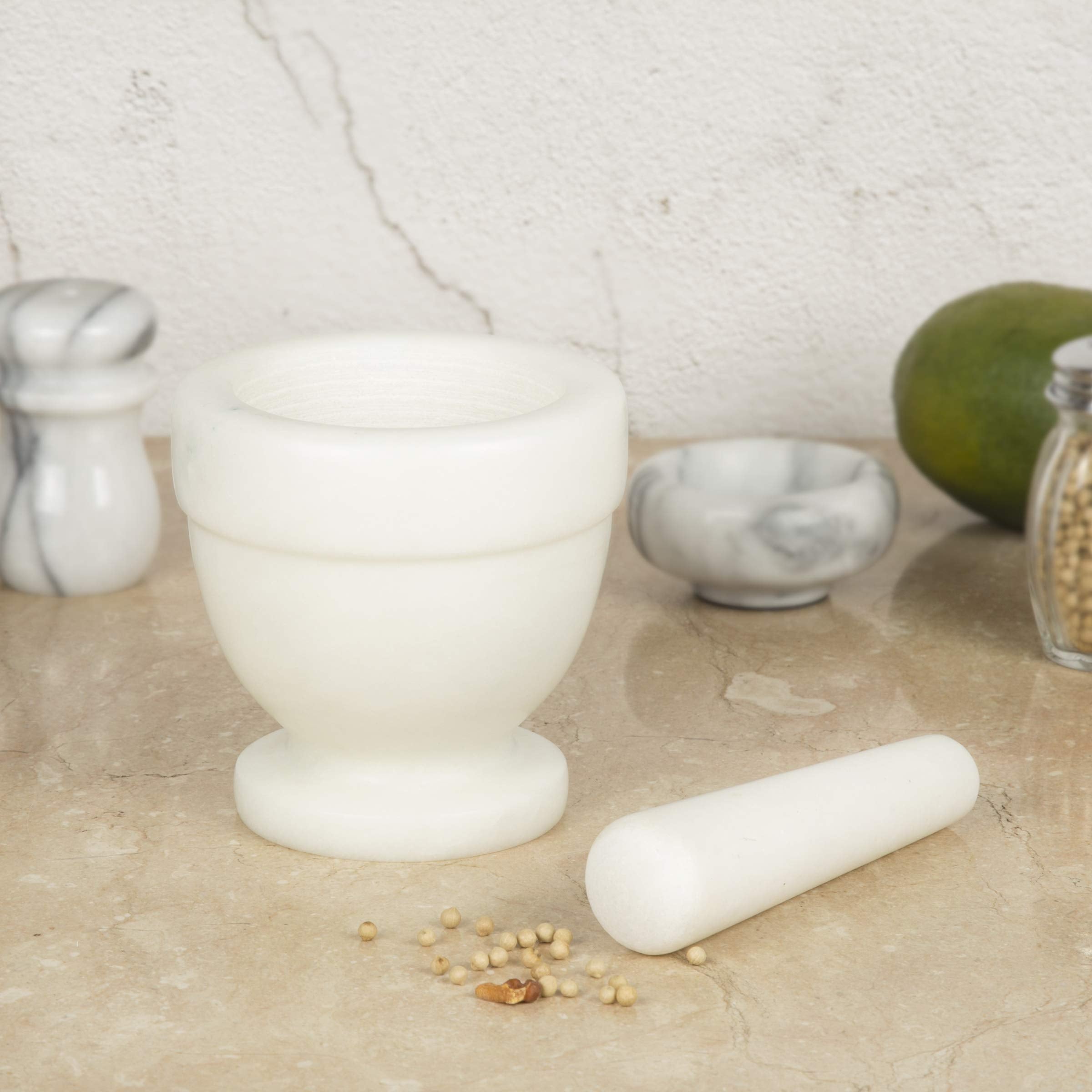Creative Home Natural Marble Mortar And Pestle Set Spice Grinder Guacamole Molcajete Bowl, Kitchen Spices, Herbs, Pesto Grinder,