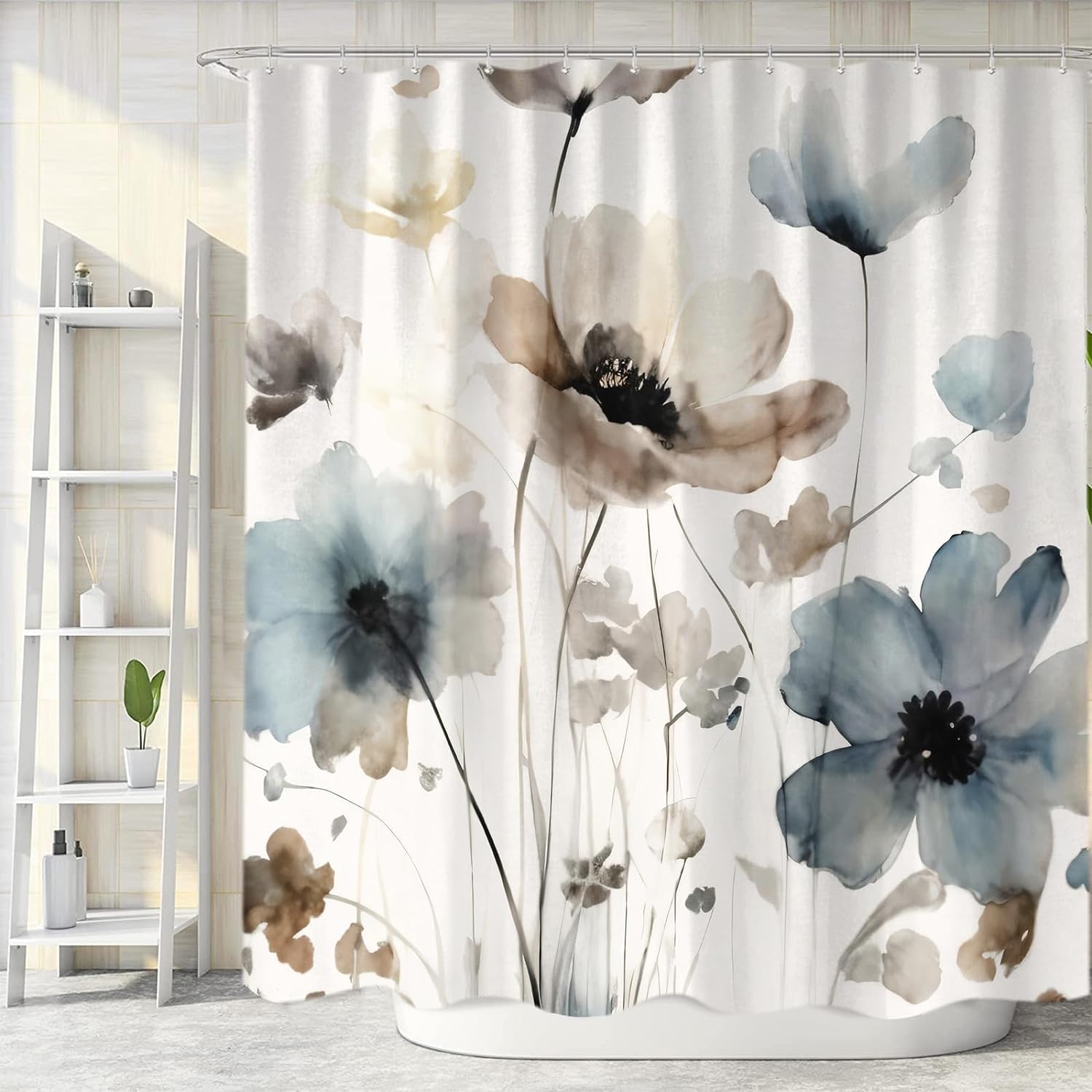 Sanzugh Boho Floral Shower Curtain, Cream Tan Beige Blue Grey White Watercolor Flower Fabric Shower Curtains Set For Bathroom De