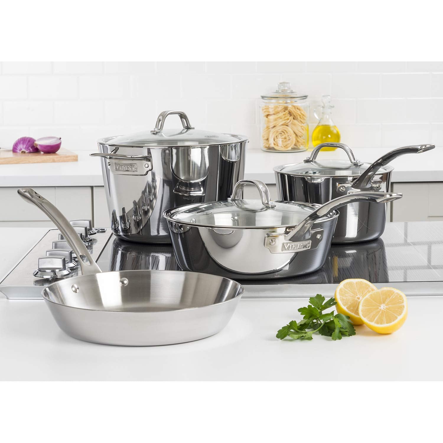 Viking Culinary Contemporary 3-Ply Stainless Steel Cookware Set, 7 Piece, Includes Glass Lids, Pots & Pans, Dishwasher, Oven Saf