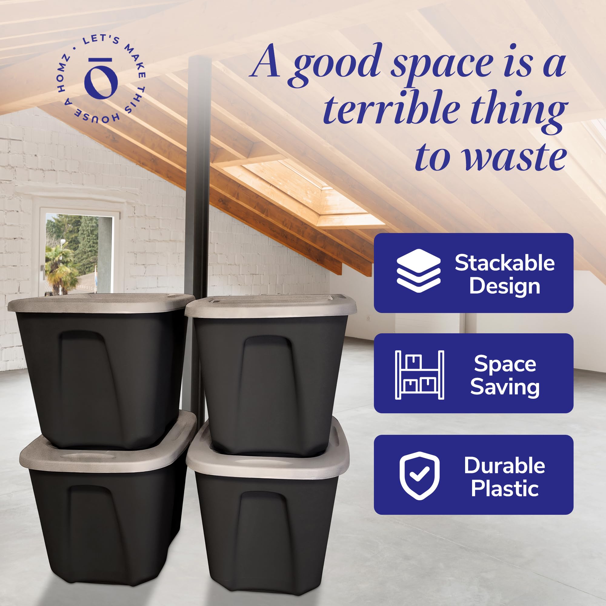 Homz 10-Gallon Durable Plastic Storage Bin With Stackable Lid Container Box With Molded Handles For Home, Office, And Garage Org