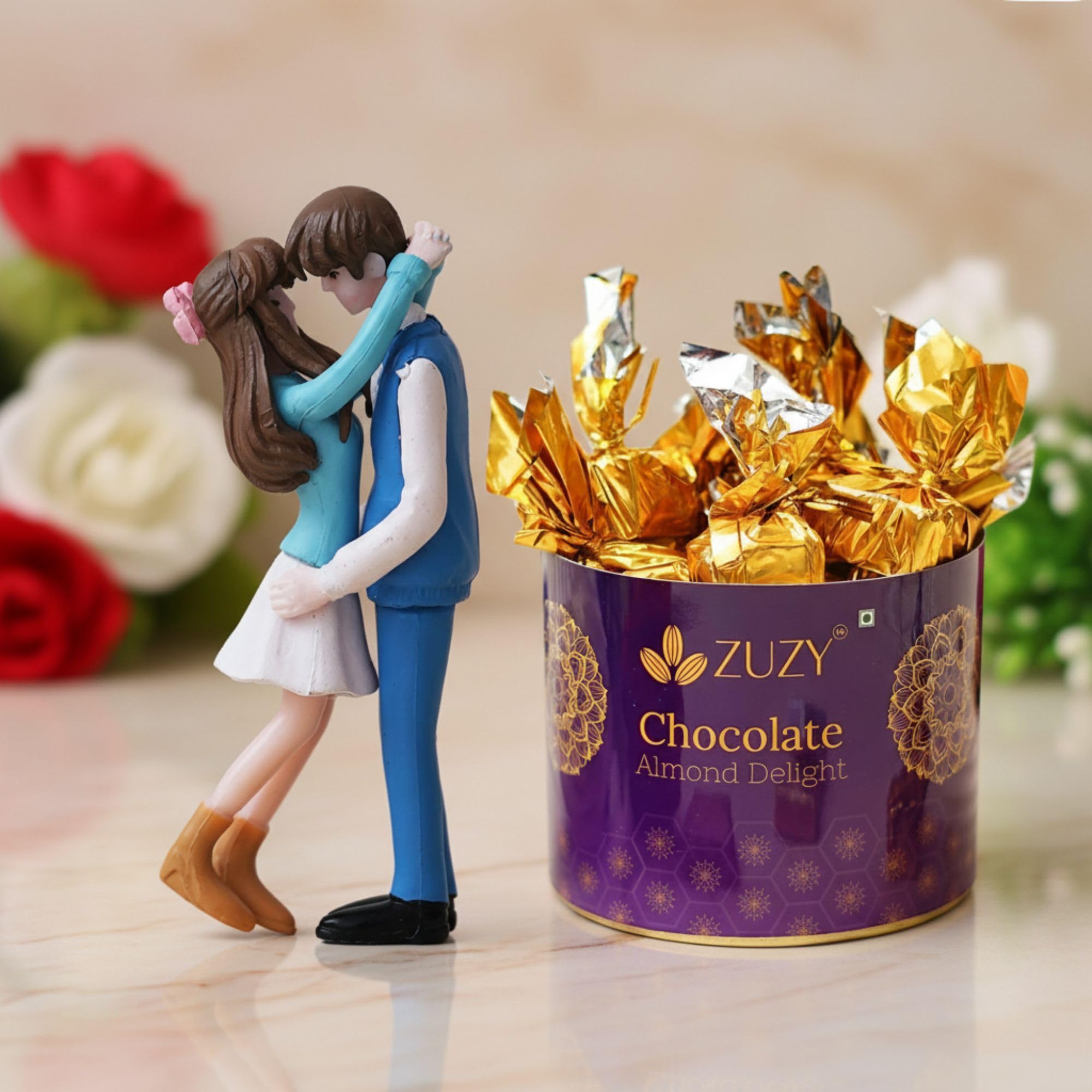 Ecraftindia Valentine Gift For Girlfriend Boyfriend Resin Romantic Hugging Couple Statue Decorative Showpiece | Zuzy Almond Choc