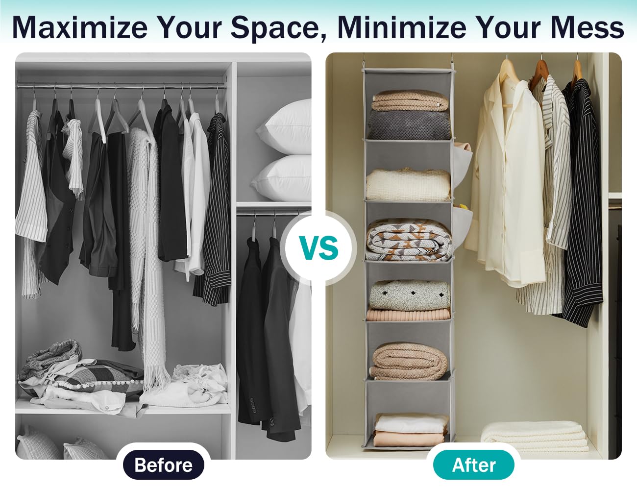 Youdenova Hanging Closet Organizer And Storage, 6-Shelf Closet Hanging Shelves | Sturdy Bamboo Structure Cloth Hanging Storage,