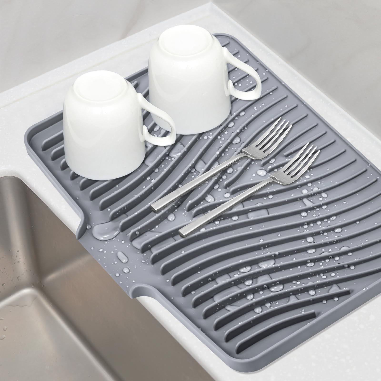 TIKNIK Silicone Dish Drying Mat, Stone Drying Mat for Kitchen Counter with Built-In Drain, Non-Slip Drain Pad with Built-in Drai