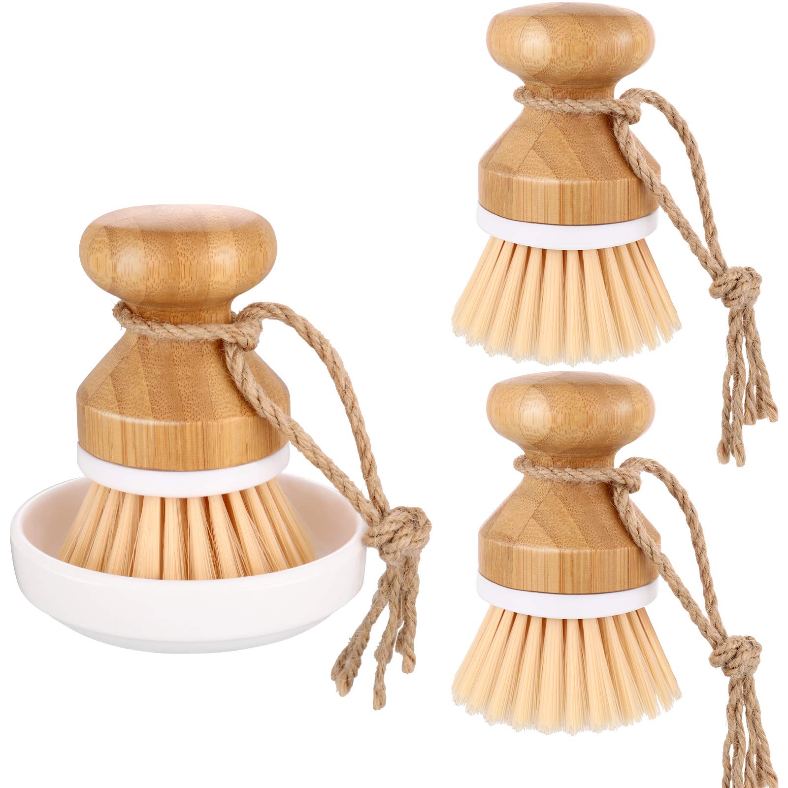 Boao 3 Pieces Bamboo Dish Scrub Brush Natural Wooden Kitchen Cleaning Scrubbers Durable Bamboo Palm Household Pot Scrubber Brush