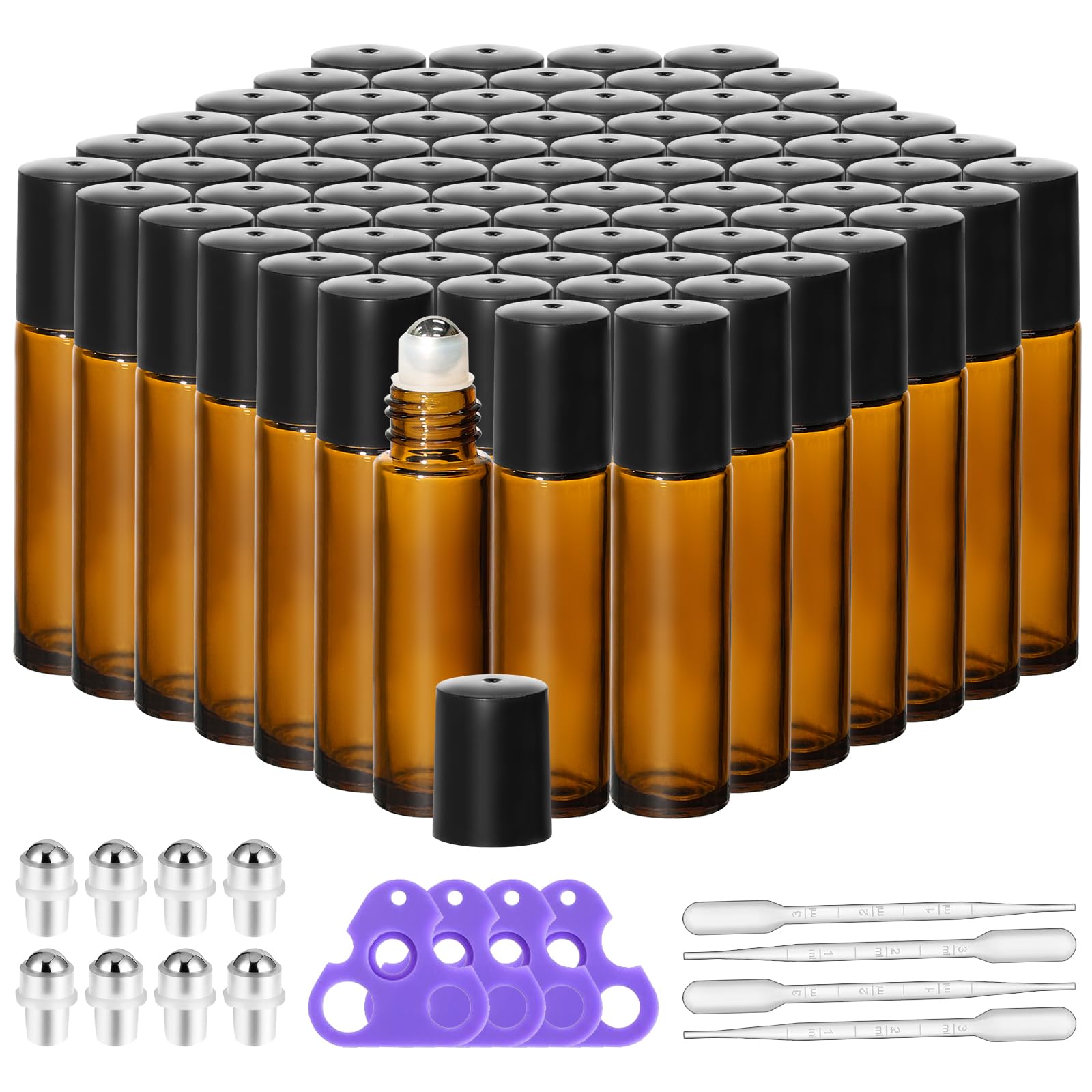 Aqziill 72 Pack Empty Essential Oil Roller Bottles  10ml Amber Glass RollOn Bottles with Stainless Steel Roller Balls & Caps, 