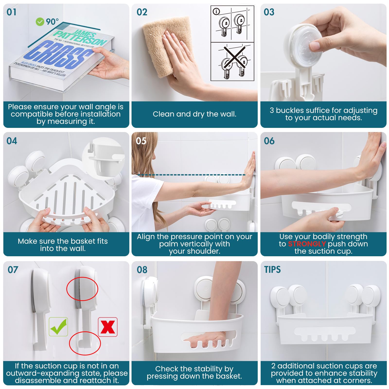 Taili Suction Corner Shower Caddy, Bathroom Shower Shelf Storage Basket Wall Mounted Organizer For Shampoo, Conditioner, Plastic