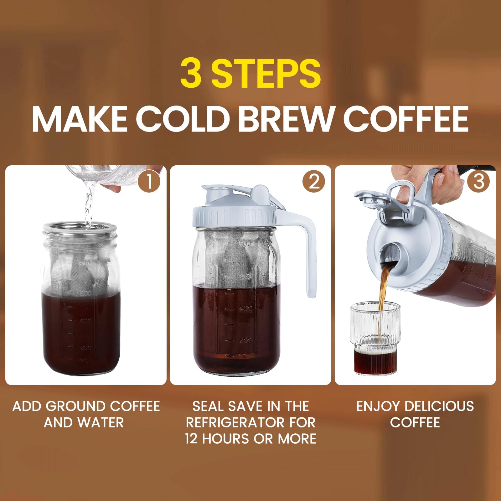 QHH Cold Brew Coffee Maker, 32 oz Glass Pitcher with Stainless Steel Filter, Gray, Airtight & Leak-Proof for Iced Coffee & Tea