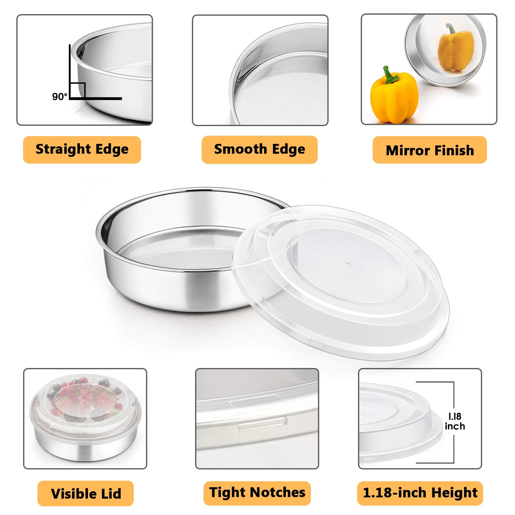 P&P Chef 8-Inch Cake Pan With Lid Set (3 Pans + 3 Lids), Stainless Steel Round Baking Pan For Picnic Wedding Birthday, Leakproof