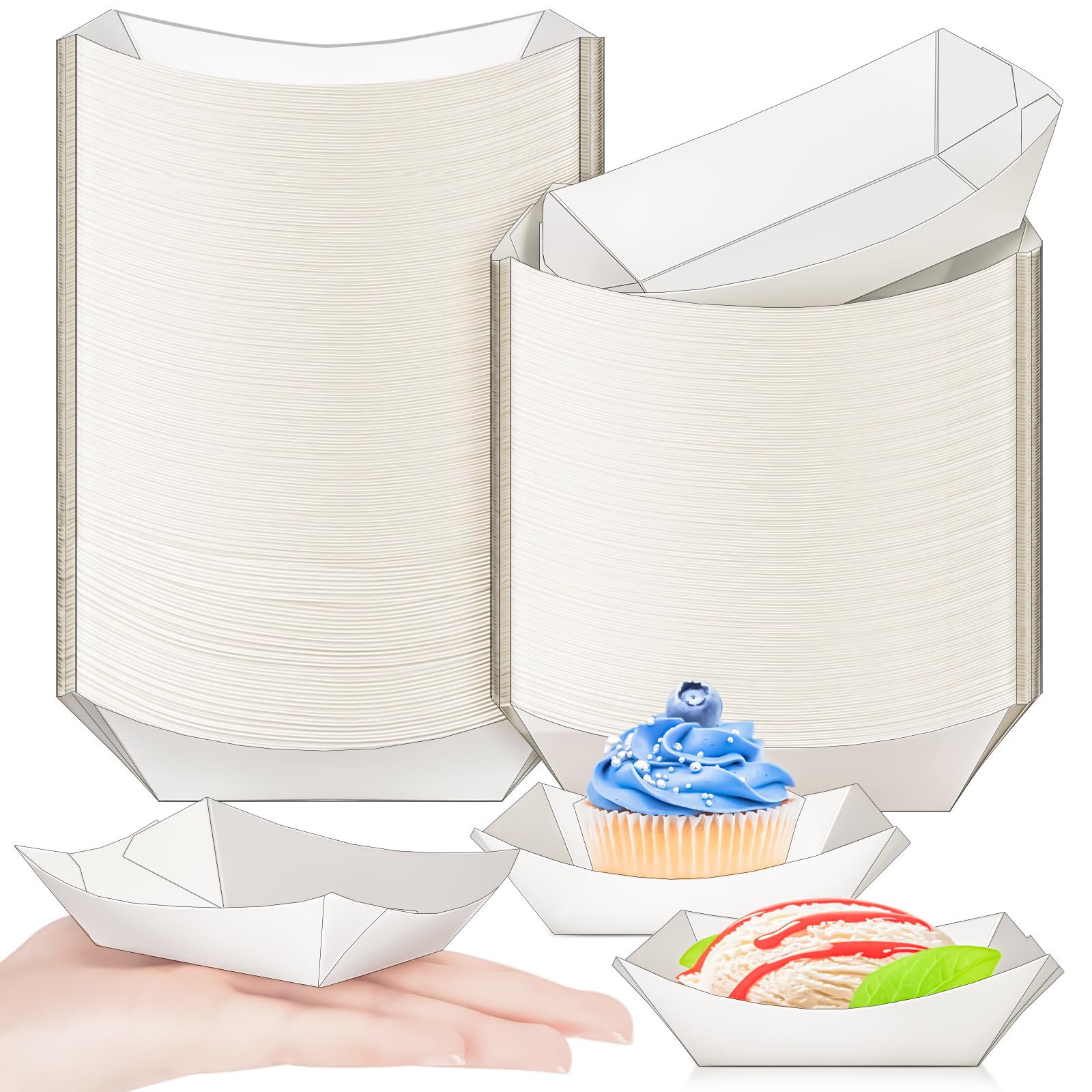MotBach 100 Pack 1/4 Lb Paper Food Boat Trays,White Disposable Small Paper Boats Plates Containers, 0.25Lb Mini Kraft Food Servi