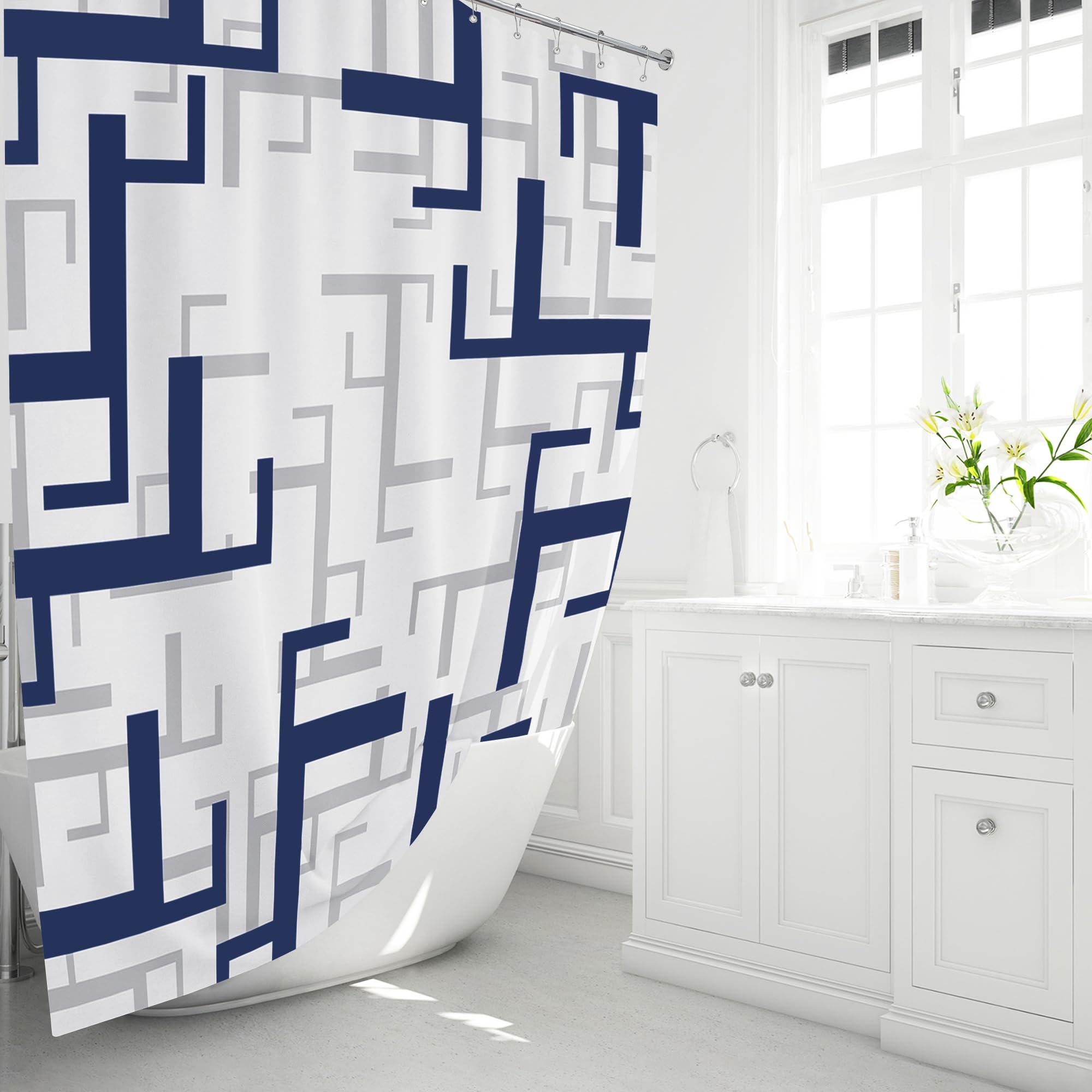 BTTN Extra Long Fabric Shower Curtain  72x84 Inches Long Geometric Cloth Shower Curtain Set with 12 Plastic Hooks  Tall Modern Unique Water-Repellent Polyester Shower Curtains for Bathroom  Navy Blue