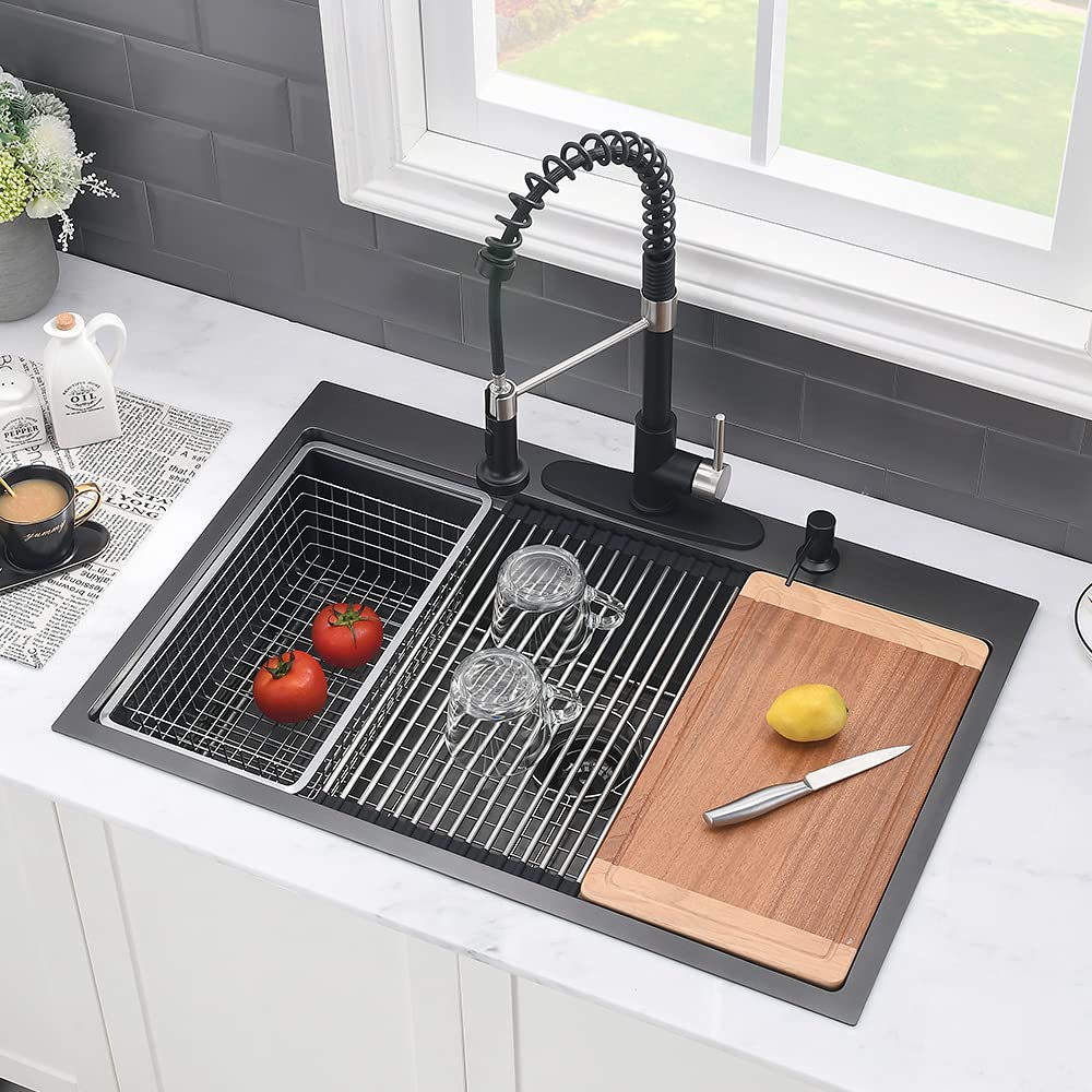 33 Black Drop In Kitchen Sink Workstation-Vasoyo 33X22 Inch Drop In Workstation Kitchen Sink Gunmetal Black Stainless Steel Sink