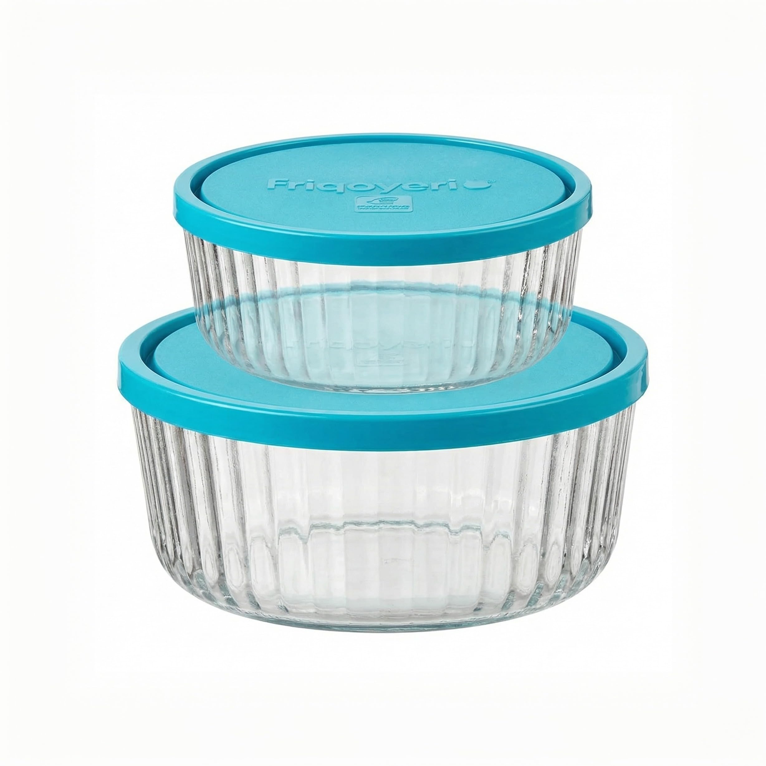 Bormioli Rocco Frigoverre Brilliante 2 Piece Set, Ribbed Round Glass Containers with Covers - Scratch-Resistant Nesting Bowls fo