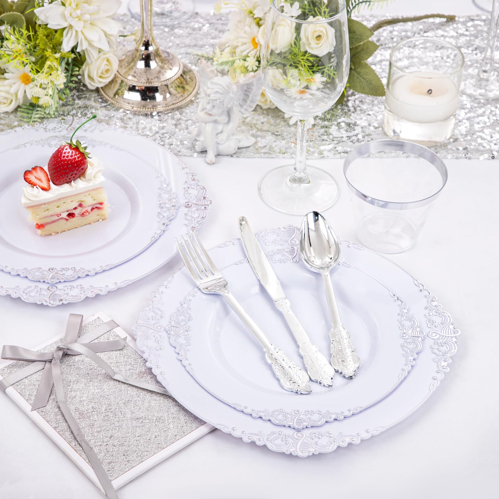 Liacere 350Pcs Silver Plastic Plates&Pre Rolled Napkins For 50 Guests - Plastic Dinnerware Sets 100Silver Disposable Plates, 150