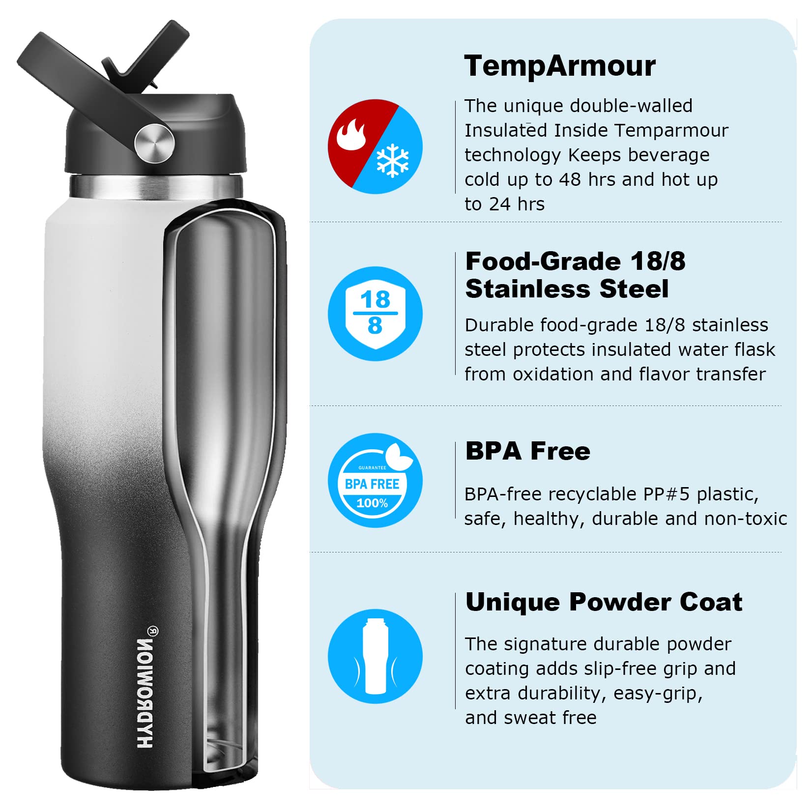 HYDROWION Insulated Water Bottle  32oz Water Bottle with Straw Lid  Double Walled Leak Proof 32oz Vacuum Bottle (Cold for 48 Hrs Hot for 24 Hrs) Fit in Any Car Cupholder  White&Black