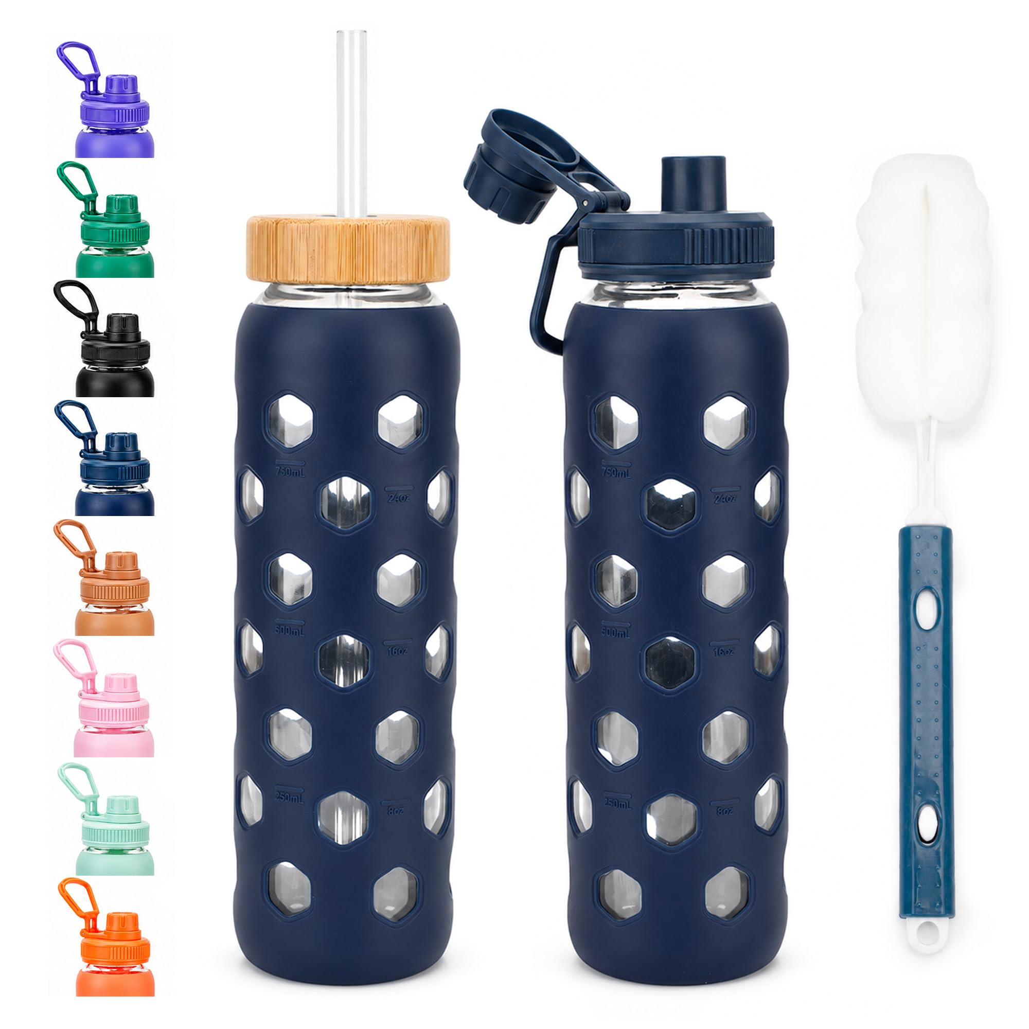 Zukro 32 oz Glass Water Bottles with Silicone Sleeve, Leak Proof