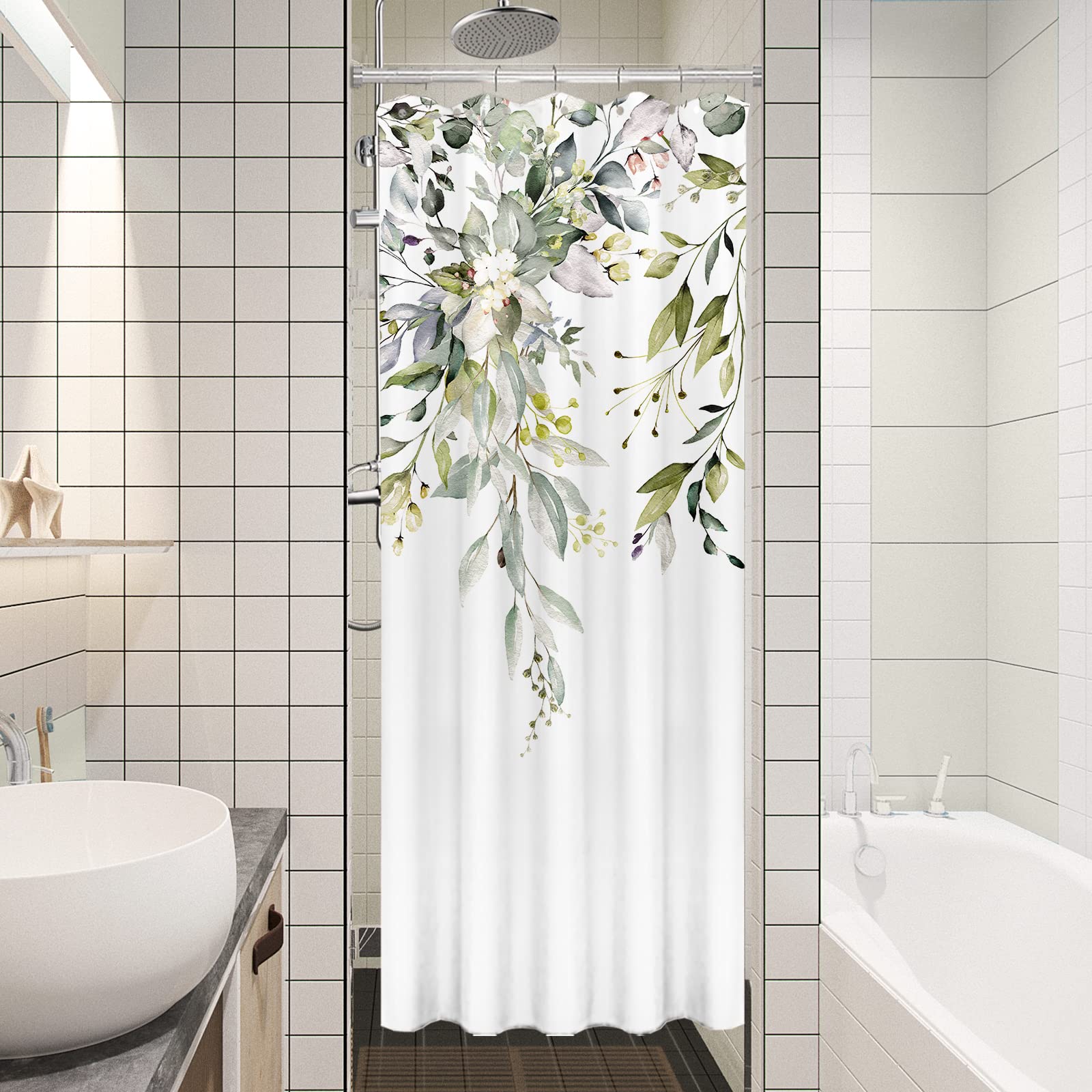Tititex Green Eucalyptus Shower Curtain Sets, Watercolor Leaves On The Top Plant With Floral Bathroom Decoration 36X72 Inch With