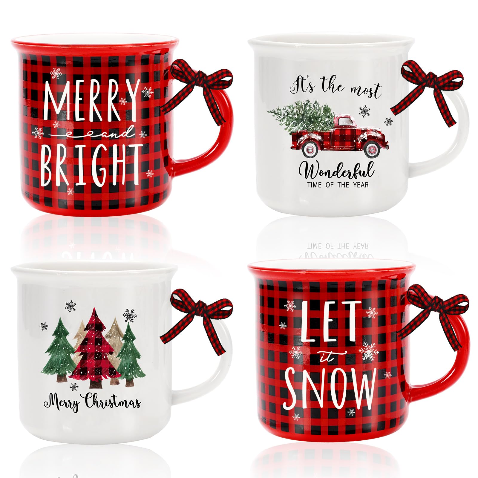 Whaline 4Pcs Christmas Mini Mugs with Plaid Ribbon Red Black Plaid Xmas Tree Truck Snowflake Mini Coffee Mug Merry Christmas Par