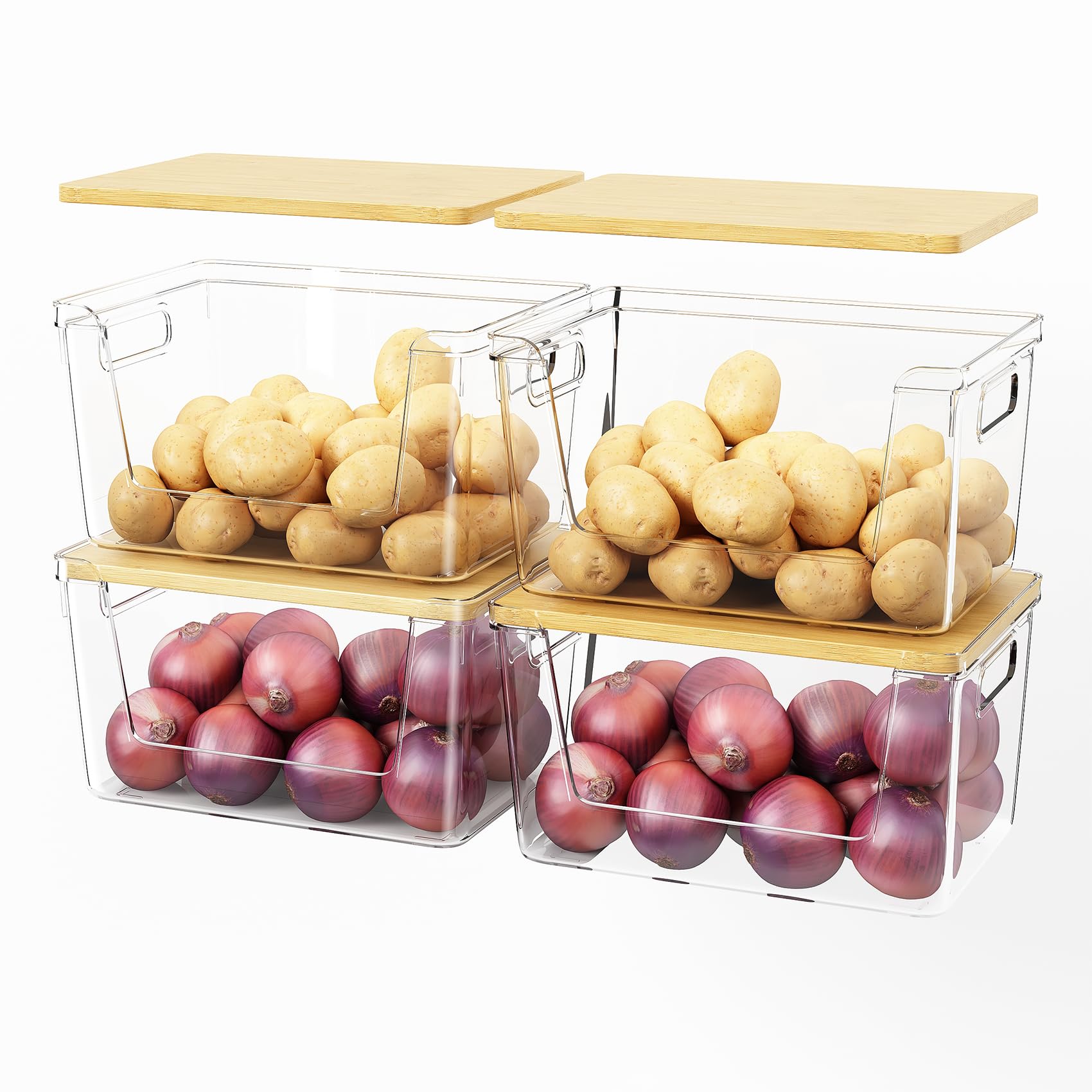 Ducoak Potato Storage & Onion Storage Bins With Bamboo Lids, Stackable Clear Front-Open Pantry Organizers With Handles For Garli