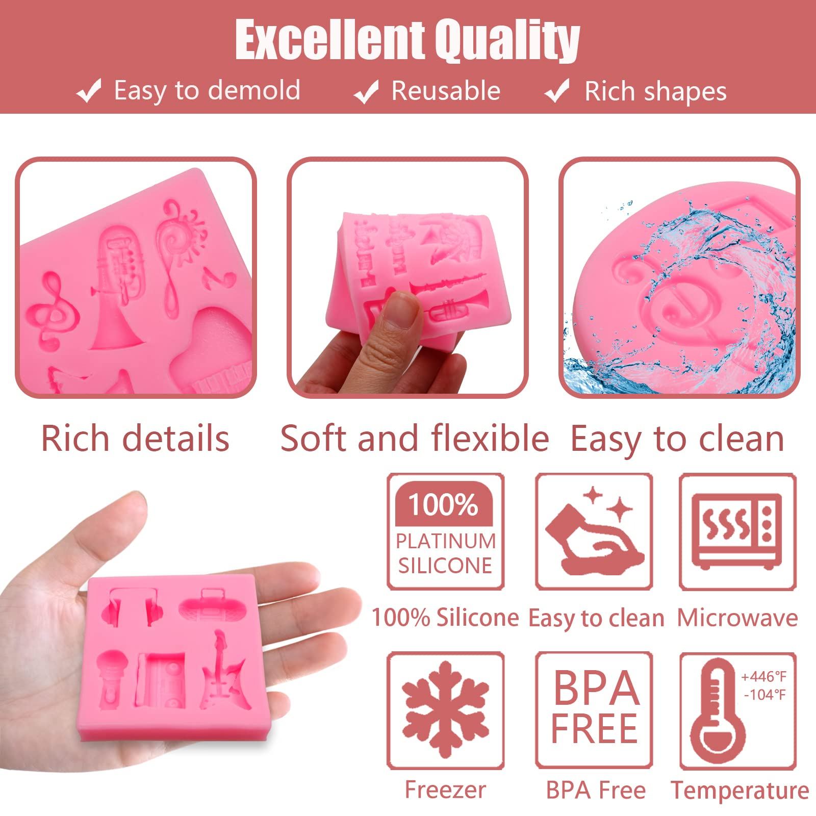 Music Note Fondant Mold 4 Pcs, Musical Instruments Chocolate Silicone Mold Piano Saxophone Boombox Microphone Radio Guitar Mold