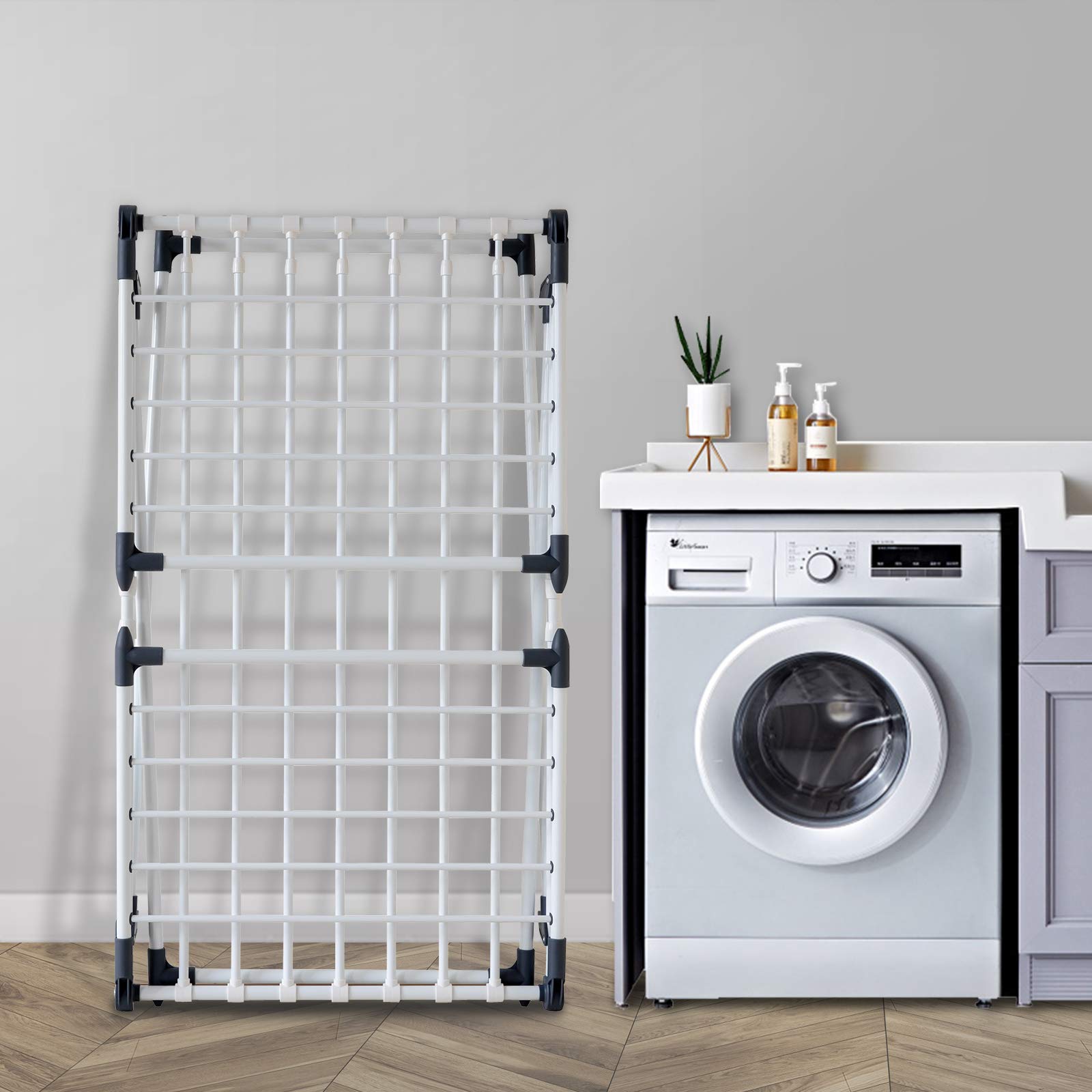 YUBELLES Clothes Drying Rack  Gullwing Laundry Rack Adjustable and Foldable for Easy Storage Indoor and Outdoor  White & Gray
