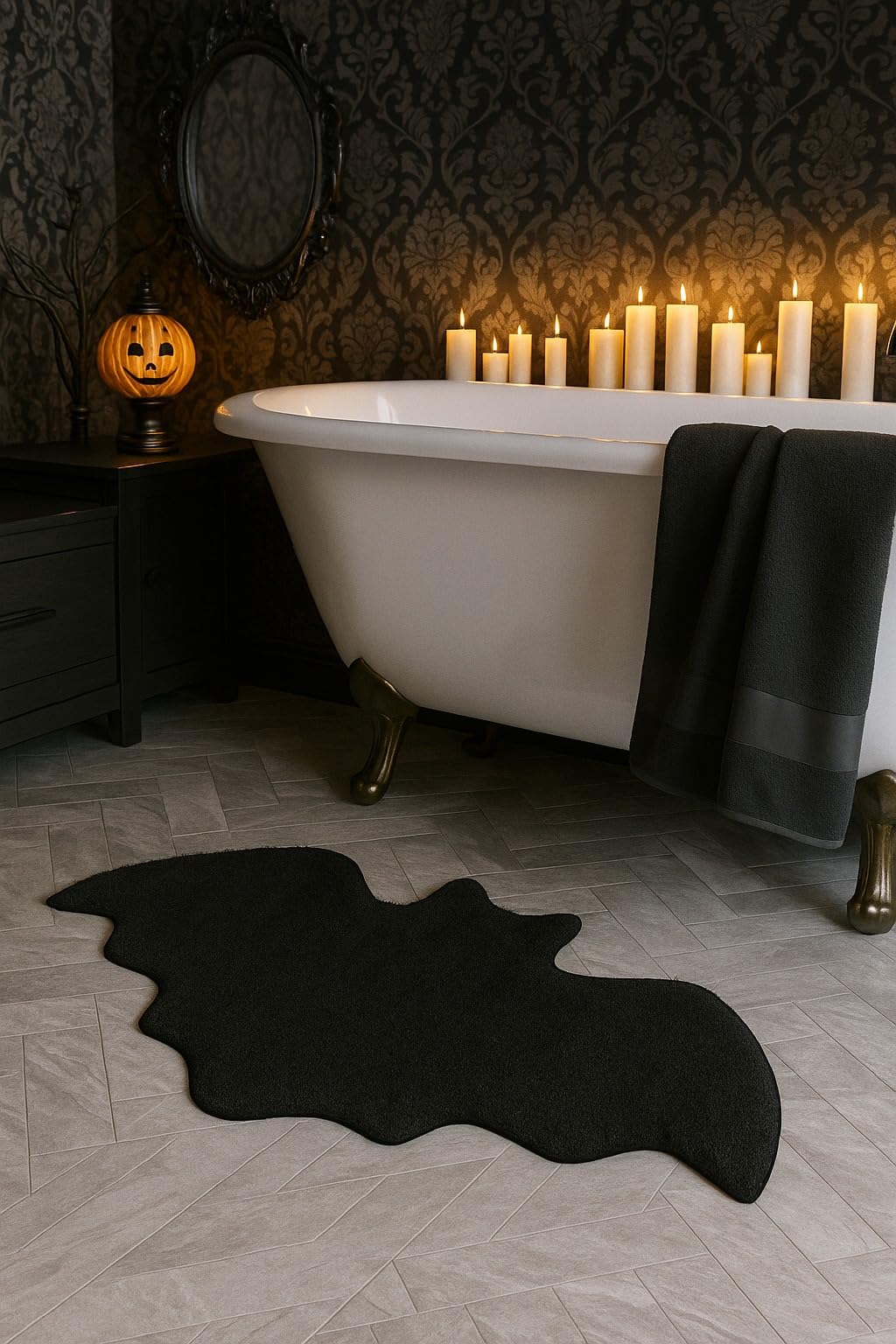 Halloween Bat Bath Mat - Rugs Bat Decor - Bats Bathroom Rug Decoration Black Gothic Gift Goth Gifts Room Decorations Spooky Witc