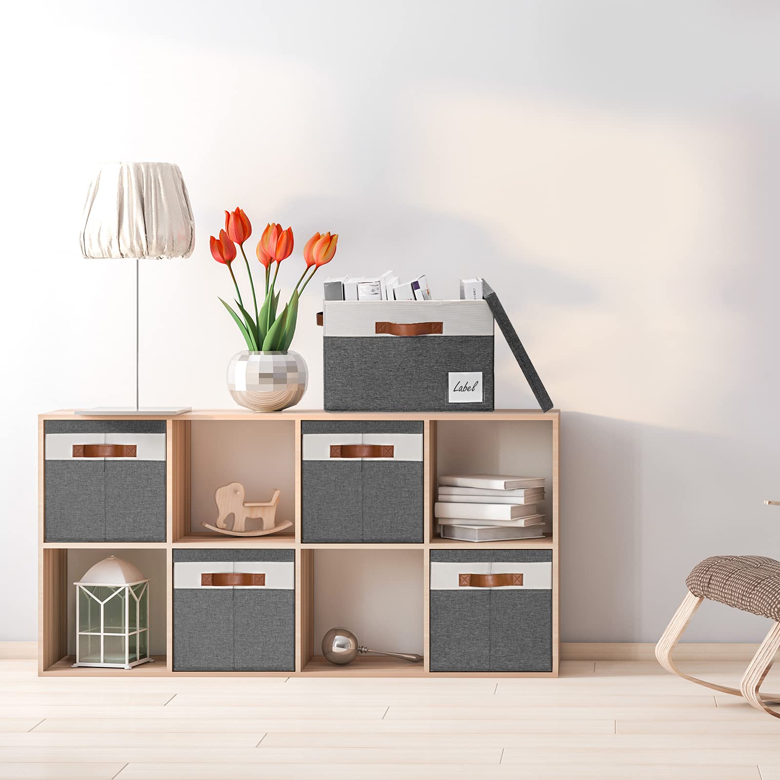 GhvyenntteS Fabric Storage Bins with Lids (3-Pack) Large Closet Storage Bins with Lid and 3 PU Handles  Foldable Fabric Storage Boxes with Label Window for Home Bedroom Office (Grey  15'' x 11'' x 9.7'')