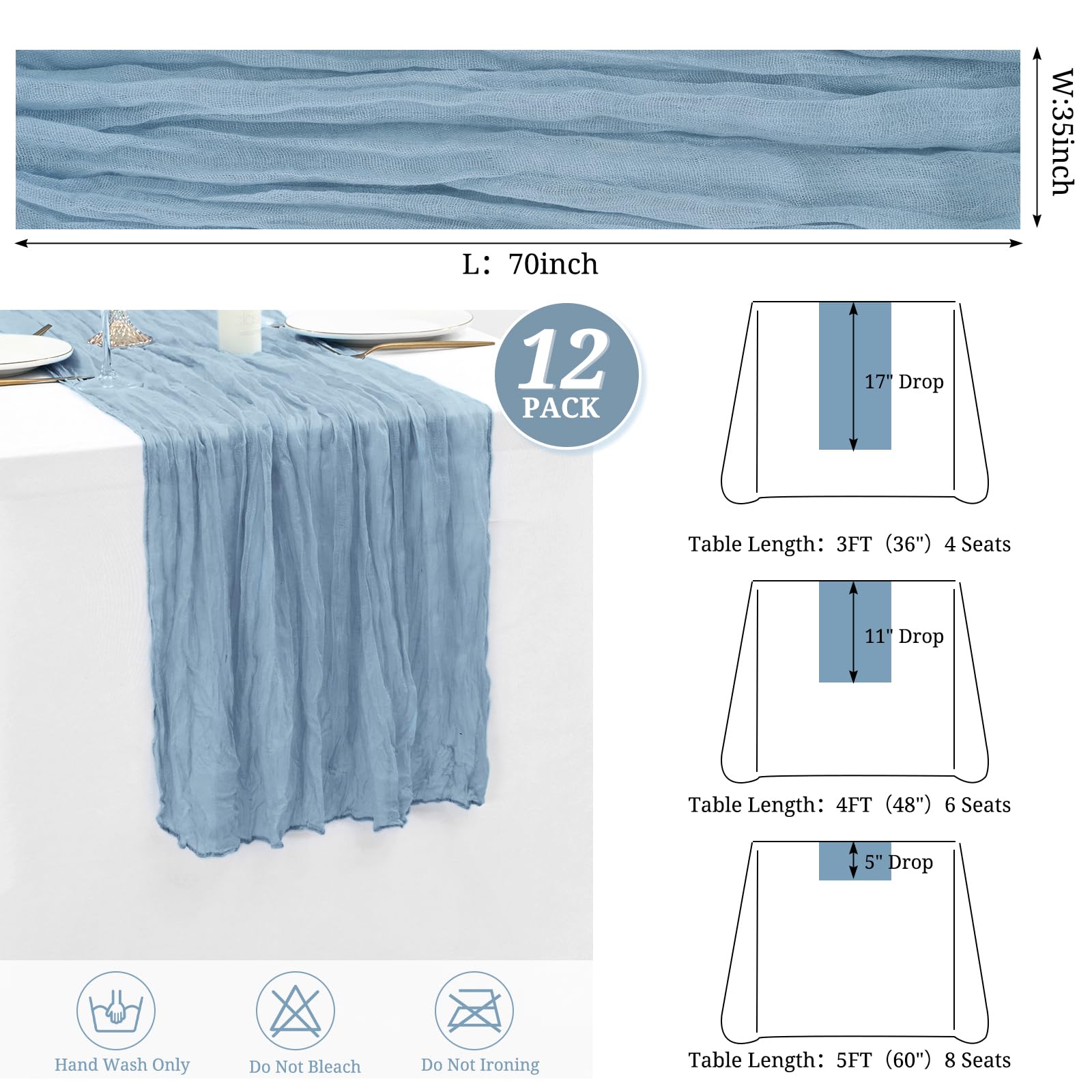 Fxks 12 Pack Dusty Blue Cheesecloth Table Runner 35X70 Inch Gauze Cheese Cloth Table Runner, Boho Rustic Table Decorations For W