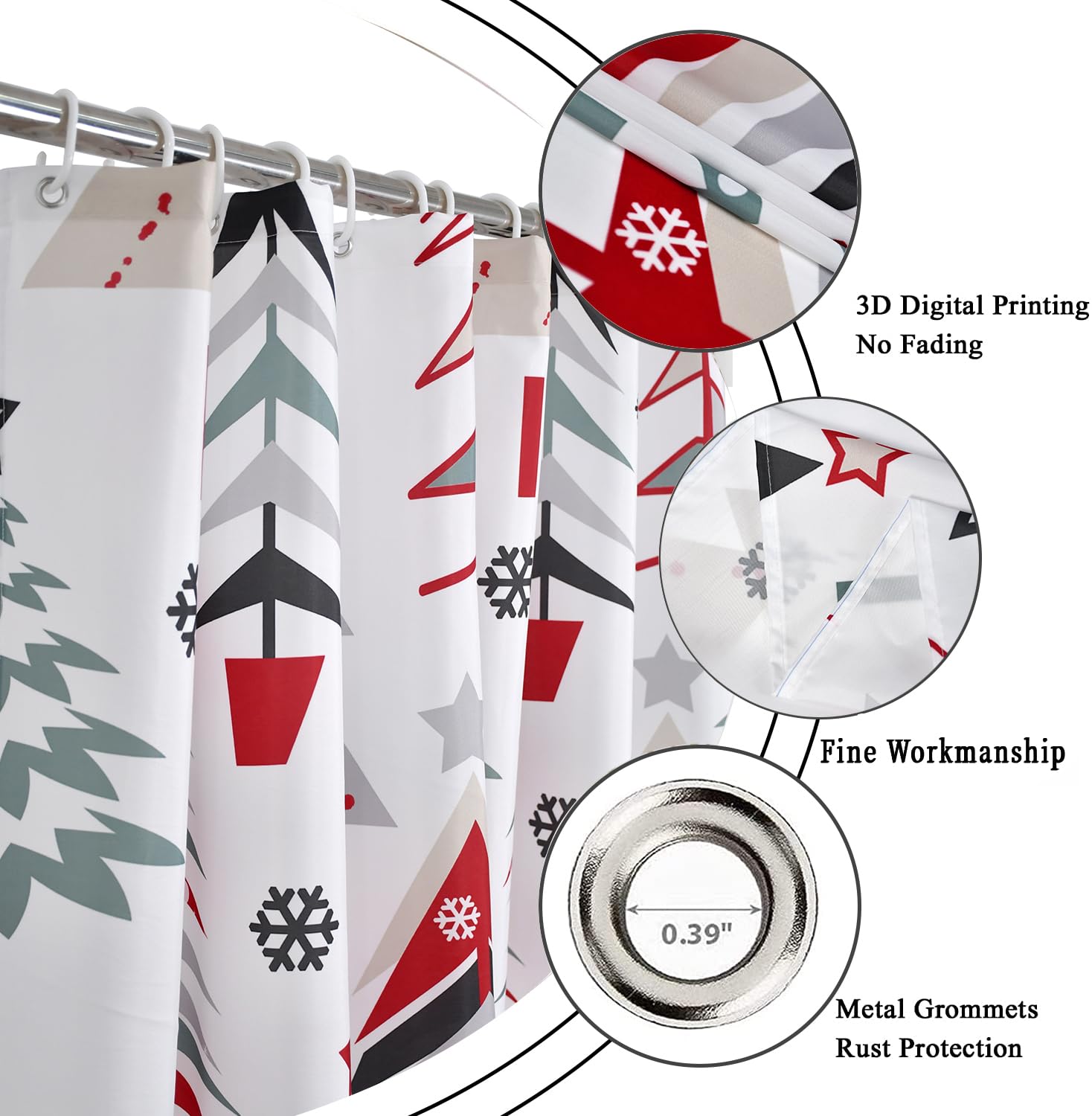 Gcirec Merry Christmas Shower Curtain, Christmas Tree Red Stars Snow Snowflake New Year Winter Bathroom Curtain Waterproof Fabri