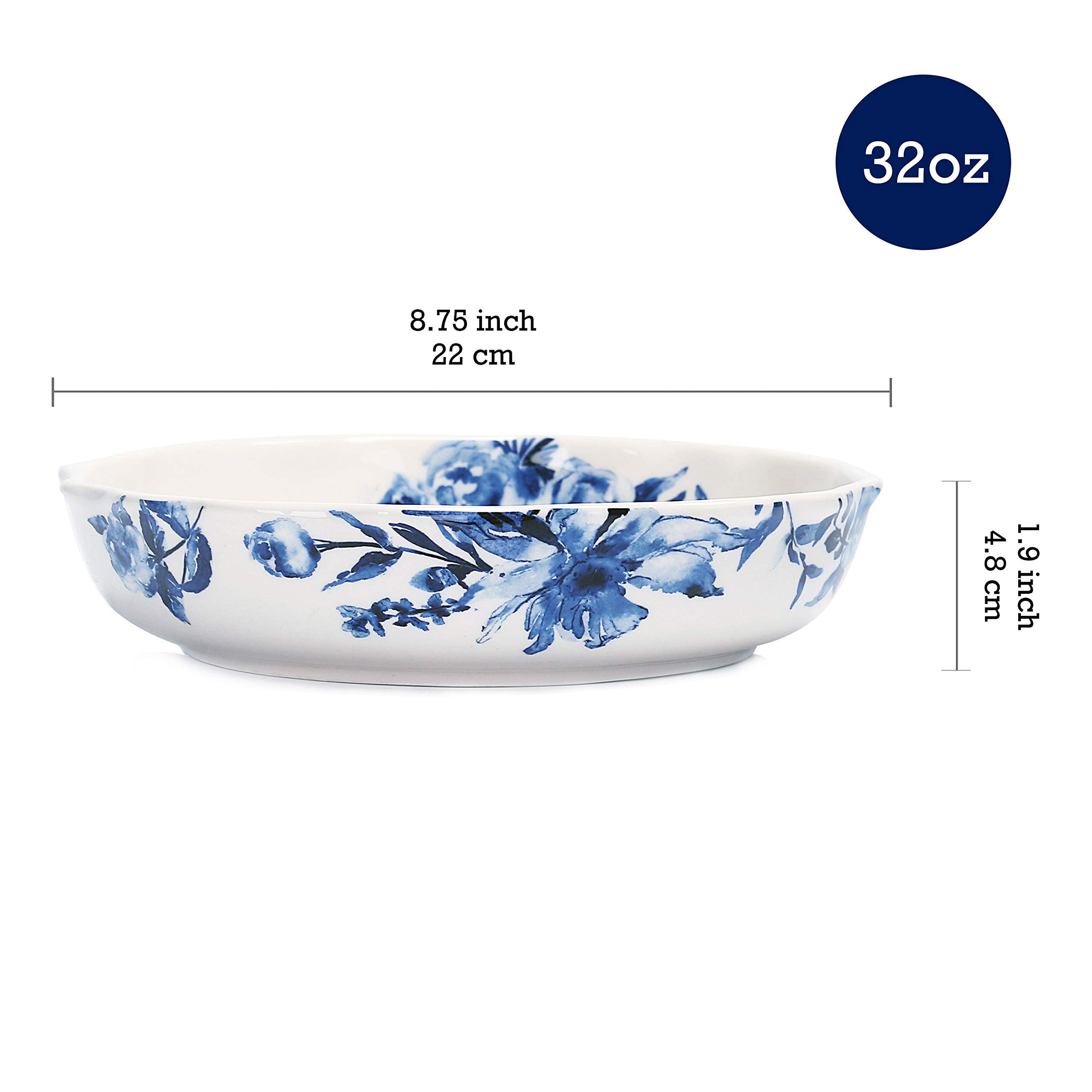 Bico Watercolor Blue Flower Ceramic 32Oz Scalloped Dinner Bowls, Set Of 4, For Pasta, Salad, Cereal, Soup & Microwave & Dishwash