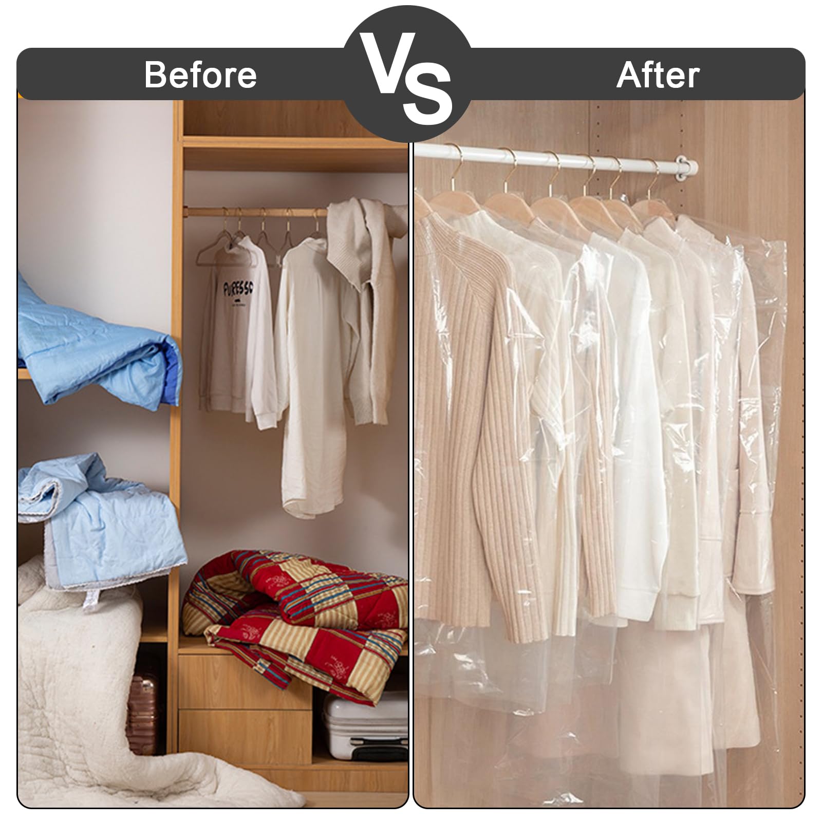 Avla 50 Pack Plastic Garment Bags, Clear Dry Cleaner Bags, Dry Cleaning Hanging Clothes Cover, Transparent Coat Suit Dust Cover