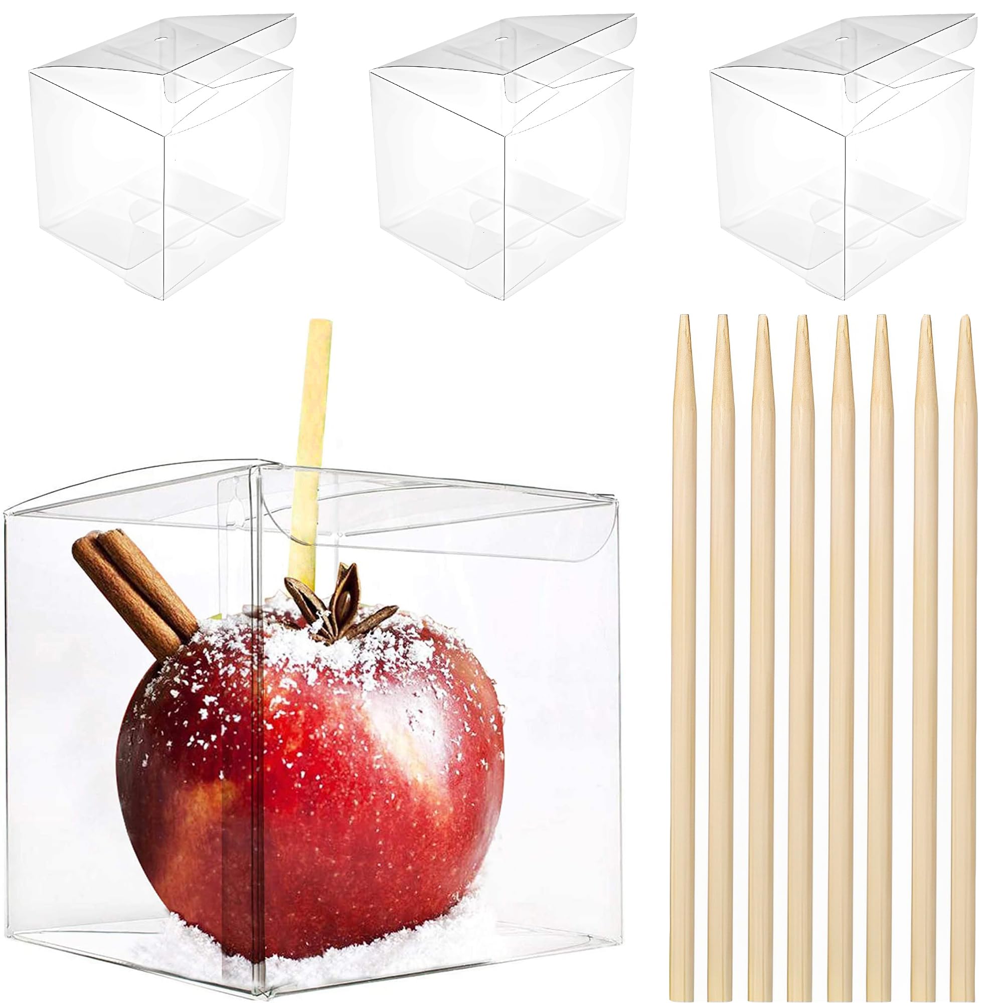 LOKQING 20 Pack 4  x 4   x 4   Clear Candy Apple Boxes with Hole and Sticks Set Food Grade Plastic Clear Caramel Apple Container
