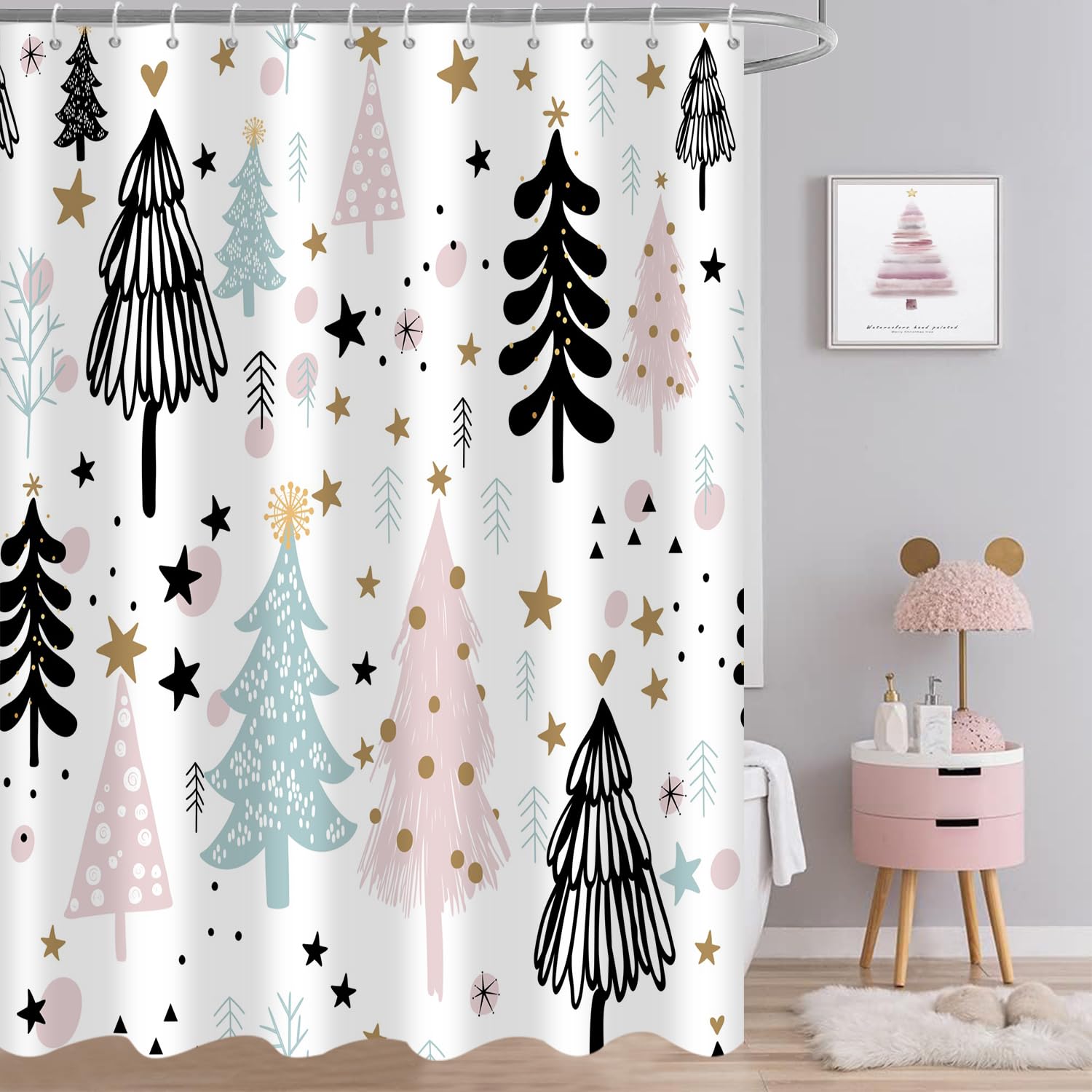 Gcirec Christmas Tree Shower Curtain, Pink And Blue Christmas Tree Snowflake Stars Winter New Year Xmas Holiday Bathroom Curtain