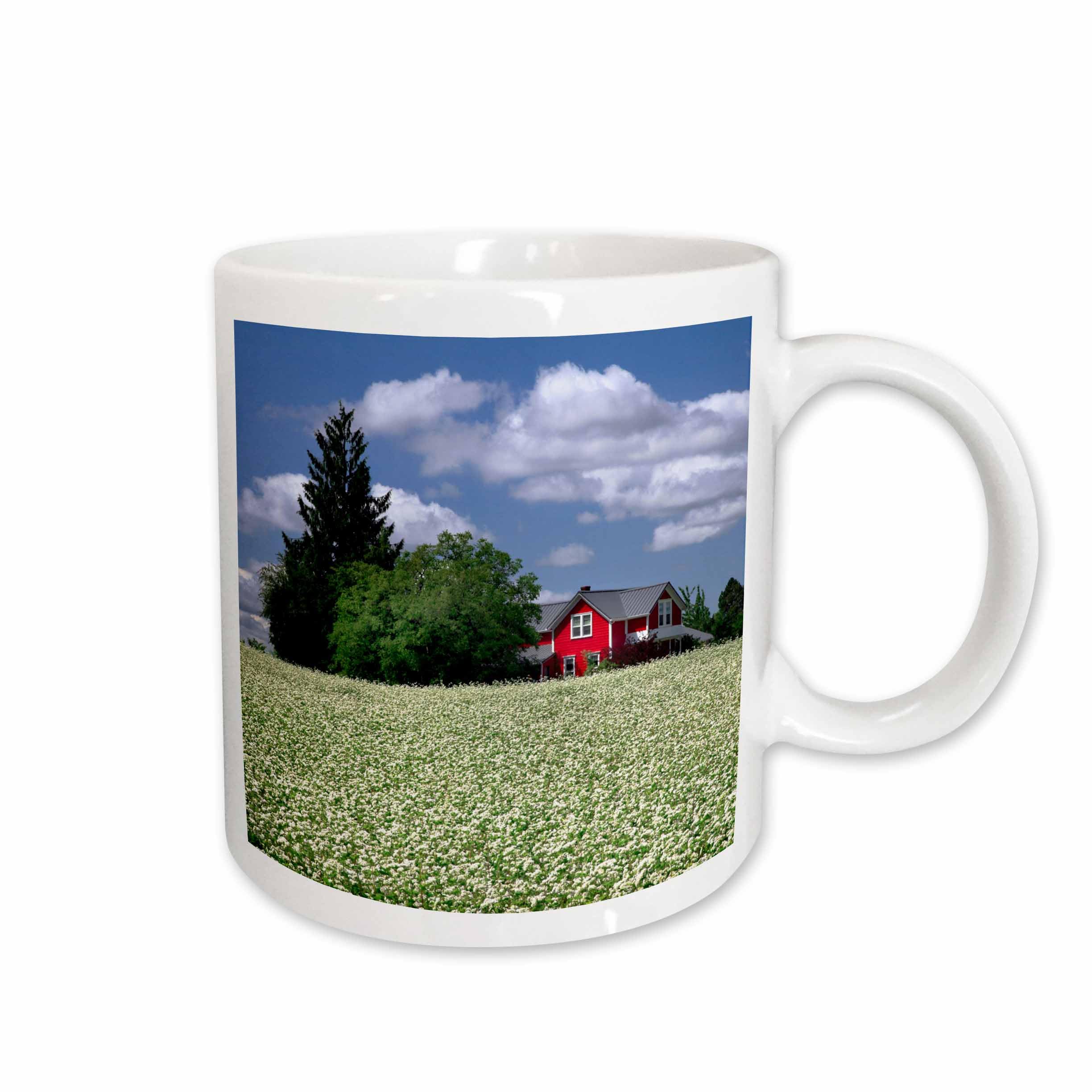 3dRose USA, Oregon, Washington County. Rarmhouse with buckwheat crop. 11oz Mug