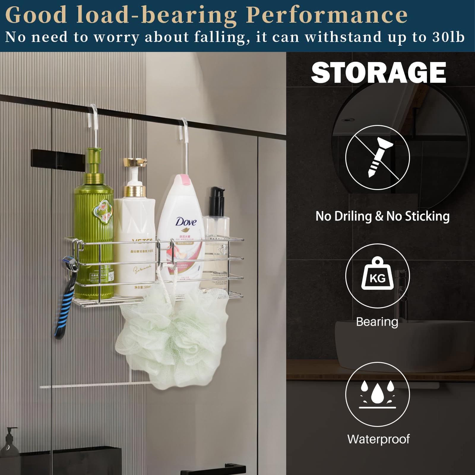 Seltomer Hanging Shower Rack Shower Caddy With Rotatable Hook Bar Over The Door And Can Be Back-Hook Or Side-Hook, 304 Stainless