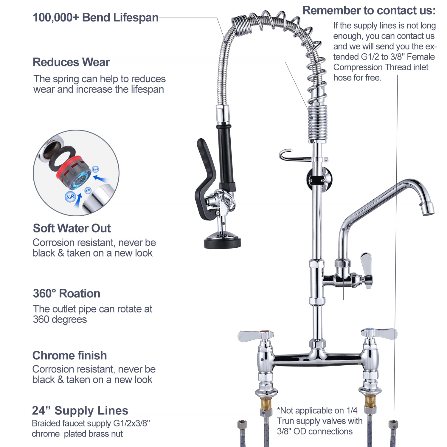 Iviga Commercial Kitchen Faucet Deck Mount With Pre-Rinse Sprayer 26'' Height Kitchen Sink Faucet 8 Inch Center With 10'' Add-On