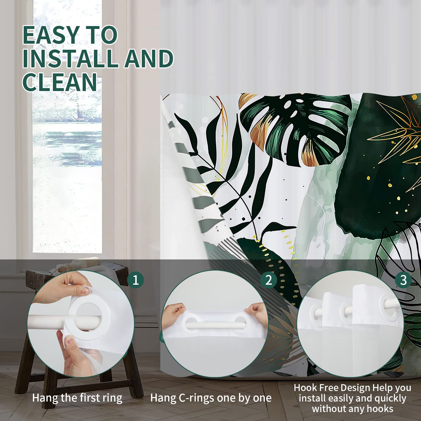 Rezaymrs Spring Floral 3 In 1 Shower Curtain No Hooks, 71X74 Inch Waterproof Washable, Polyester Snap In Fabric, Sheer Top Windo