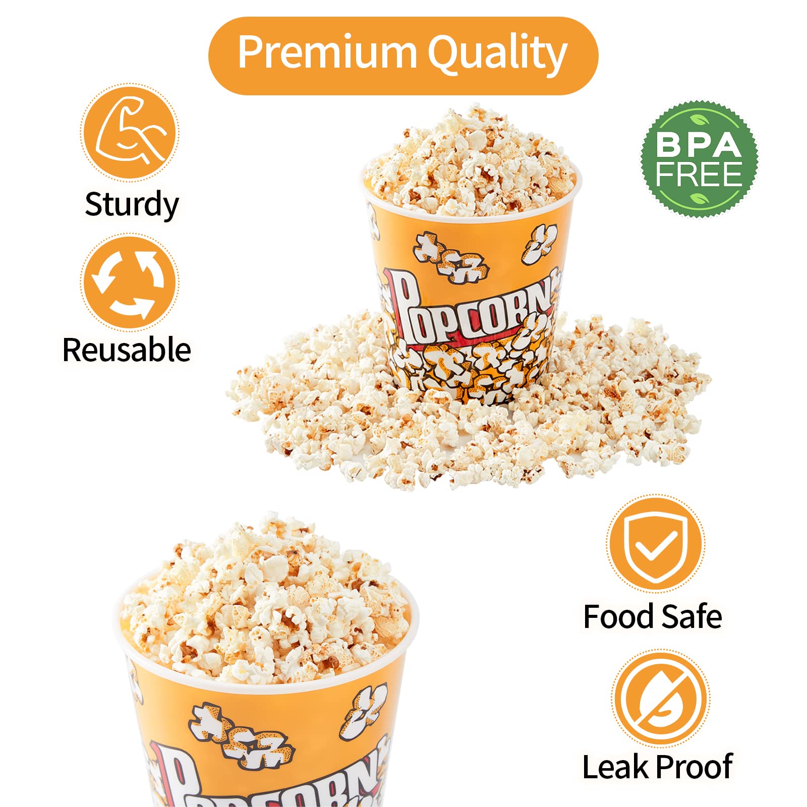 Raymea Plastic Popcorn Containers Retro Style Reusable Popcorn Buckets For Movie Night 7.1   X7.1   X5.1    - 2 Pack
