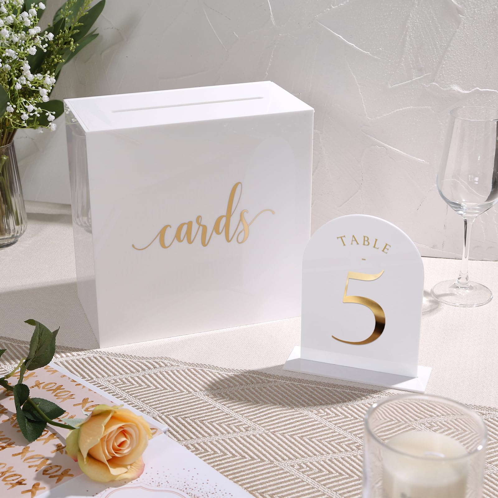 Uniqooo White Arch Wedding Table Numbers With Stands 1-20, Gold Foil Printed 5X7 Double Sided Acrylic Signs And Holders, Perfect