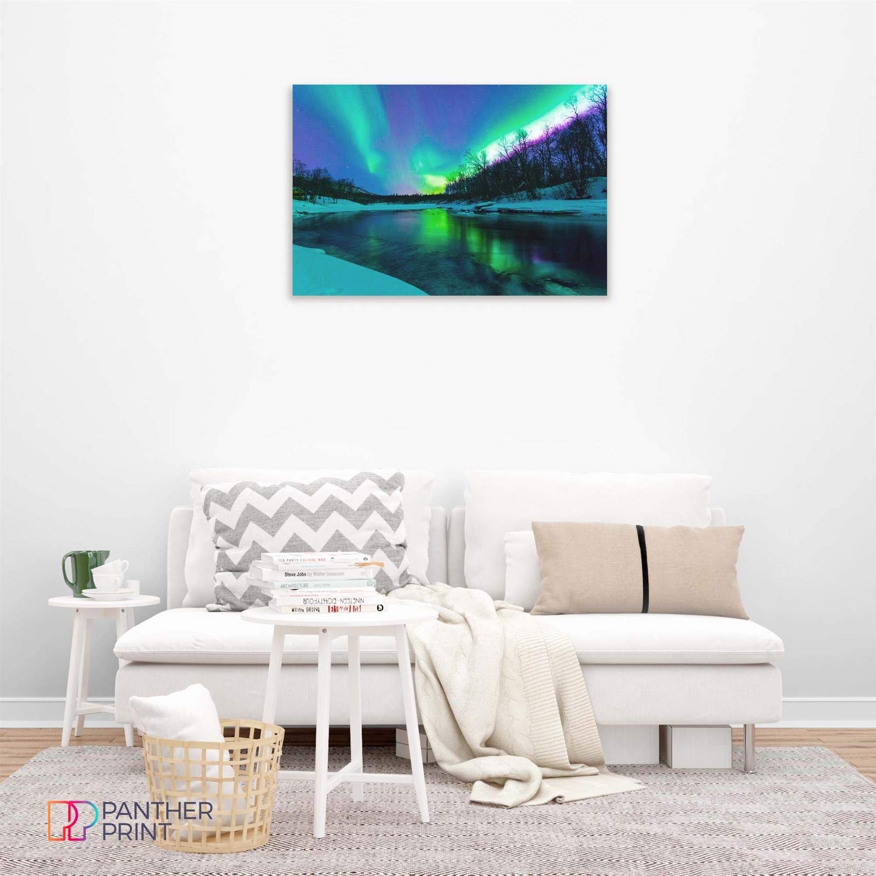 Panther Print, Canvas Wall Art, Winter River Northern Lights Aurora Borealis, Living Room, And Bedroom Framed Art, Quality Pictu