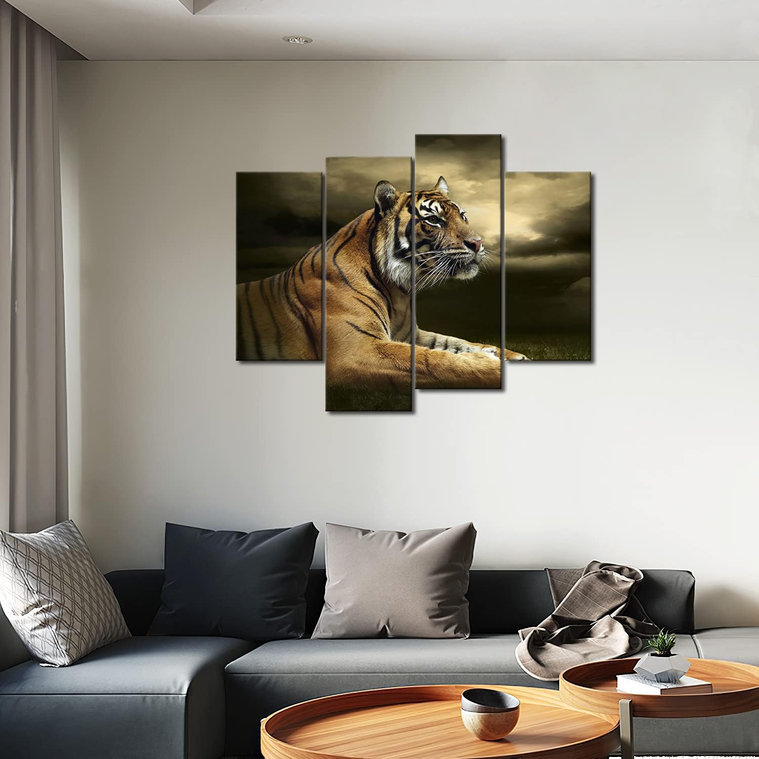 4 Panel Wall Art Tiger Looking and Sitting Under Dramatic Sky with Clouds Painting Pictures Print On Canvas Animal The Picture for Home Modern Decoration Piece Stretched by Wooden Frame Ready to Hang