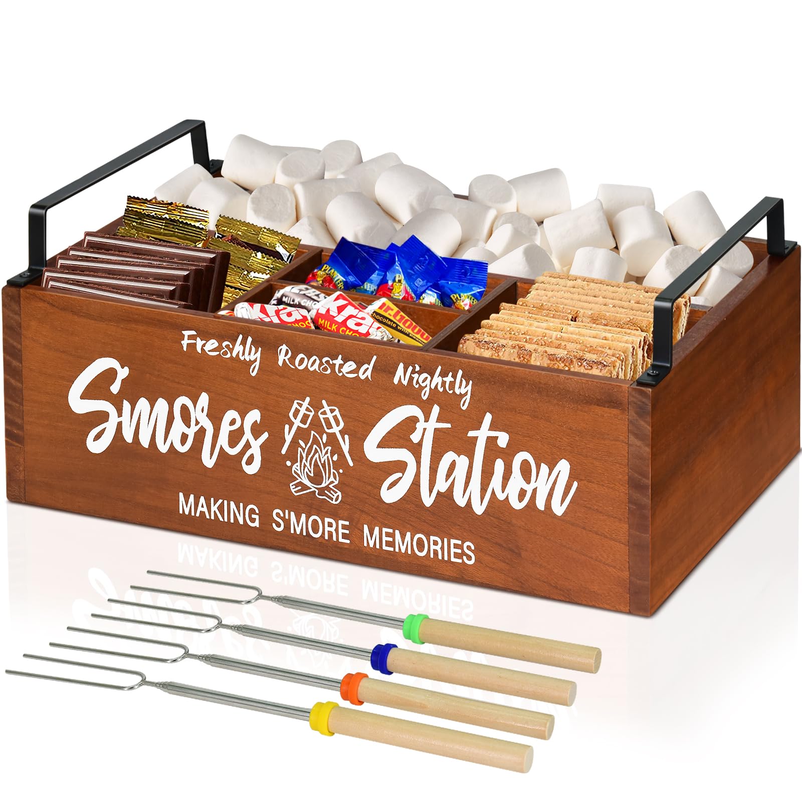 Wooden S mores Station, S mores Caddy Bar Holder with Handles for Counter, Farmhouse Smores Serving Tray for Kitchen, Smores Mak