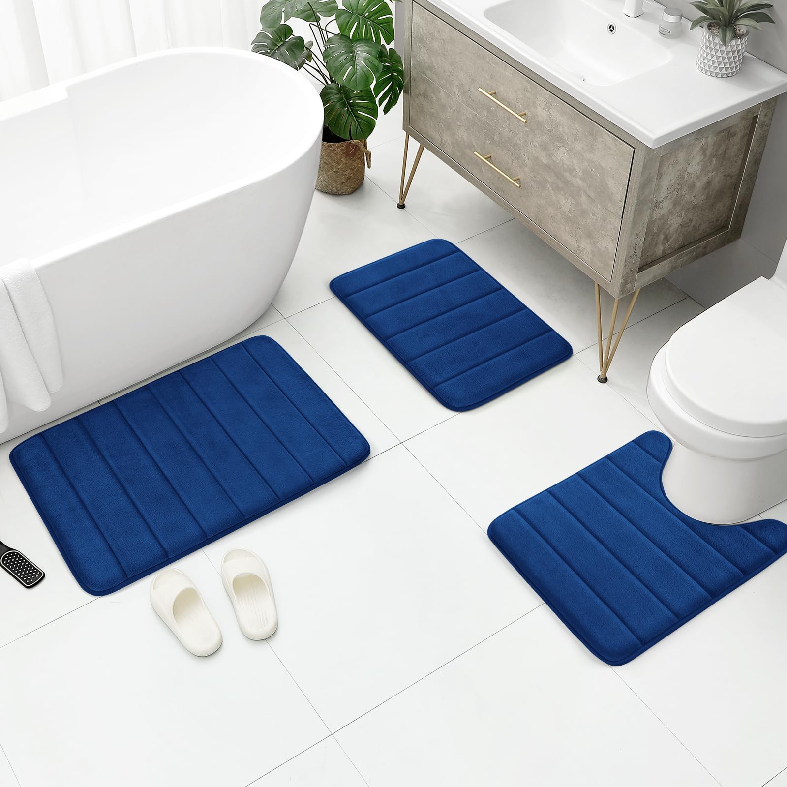 BYSURE Navy Blue Memory Foam Bathroom Rug Set 3 Piece Non Slip Extra Absorbent Shaggy Bathroom Mats and Rugs Sets  Soft & Dry Bath Mat Sets for Bathroom Washable Carpets Set