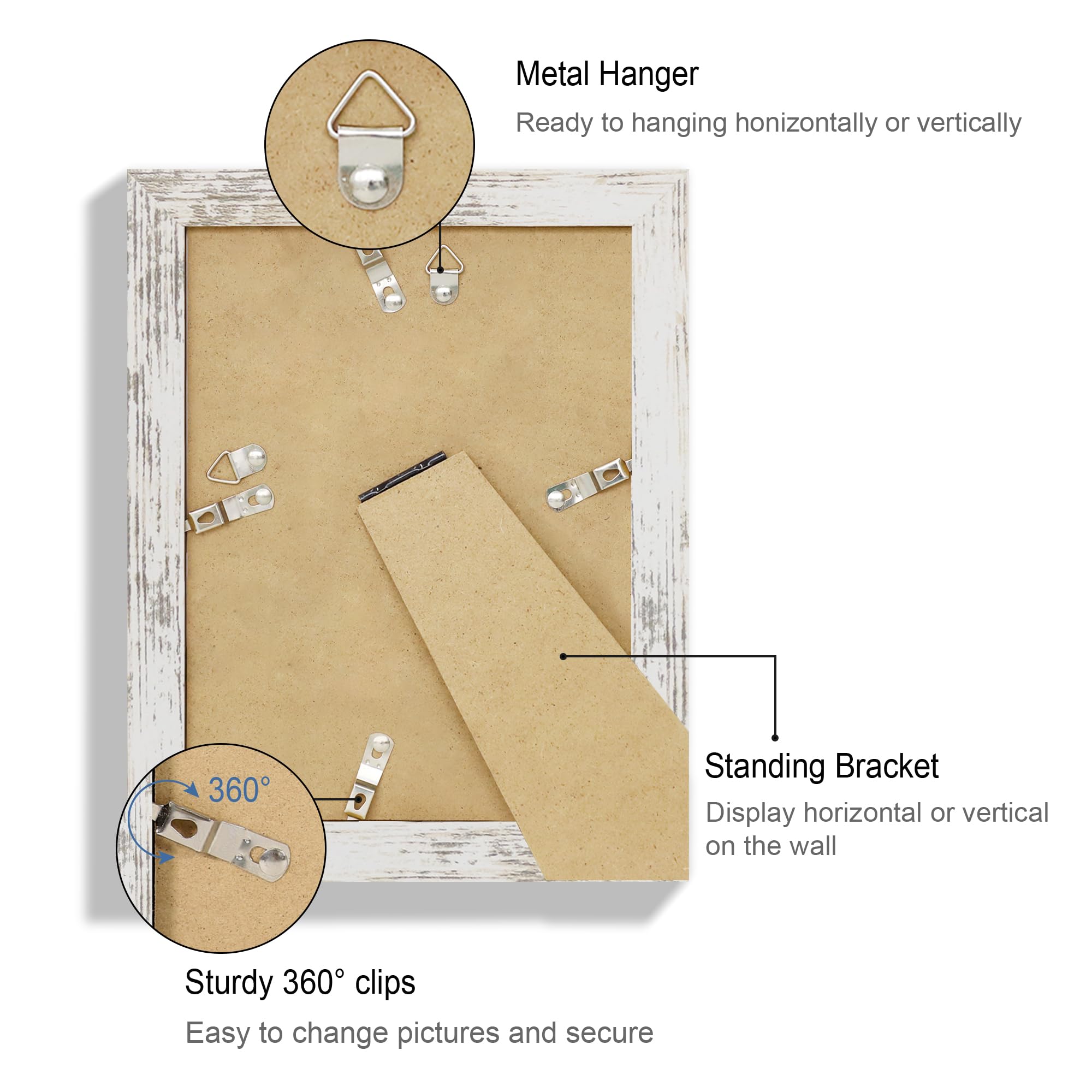 Hongkee 6x8 Picture Frame Set of 4, Made of Real Glass and Distressed White Frame - Display Picture 4x6 with Mat or 6x8 Without