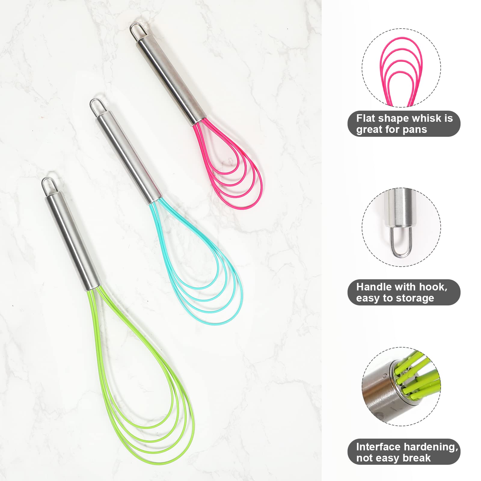 Webake Flat Whisk Set Of 3, Silicone Whisk Heat Resistant Kitchen Whisks For Non-Stick Cookware, Egg Beater Perfect For Blending