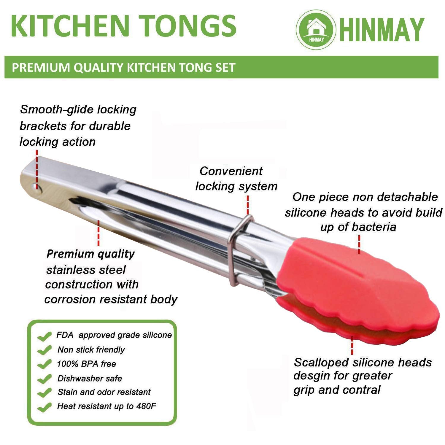 Hinmay Colorful Mini Tongs Set 7-Inch Silicone Tongs With Sliding Rings, Set Of 6 (Green Red Blue Purple Pink Orange)