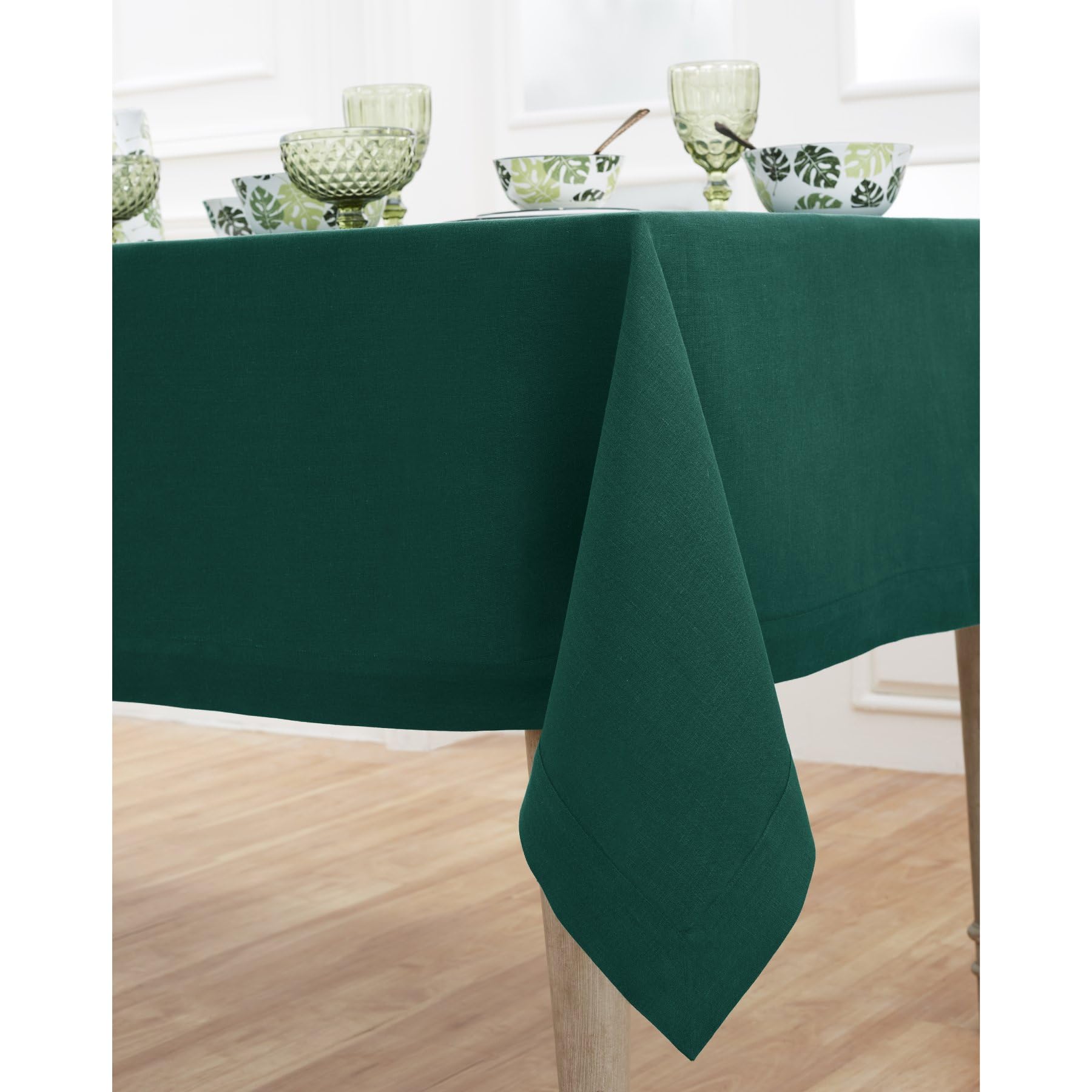 Solino Home Rainforest Green Linen Tablecloth 108'' L X 60'' W Inch - Fete, 100% Pure Linen Table Cloth For Rectangle Tables - M