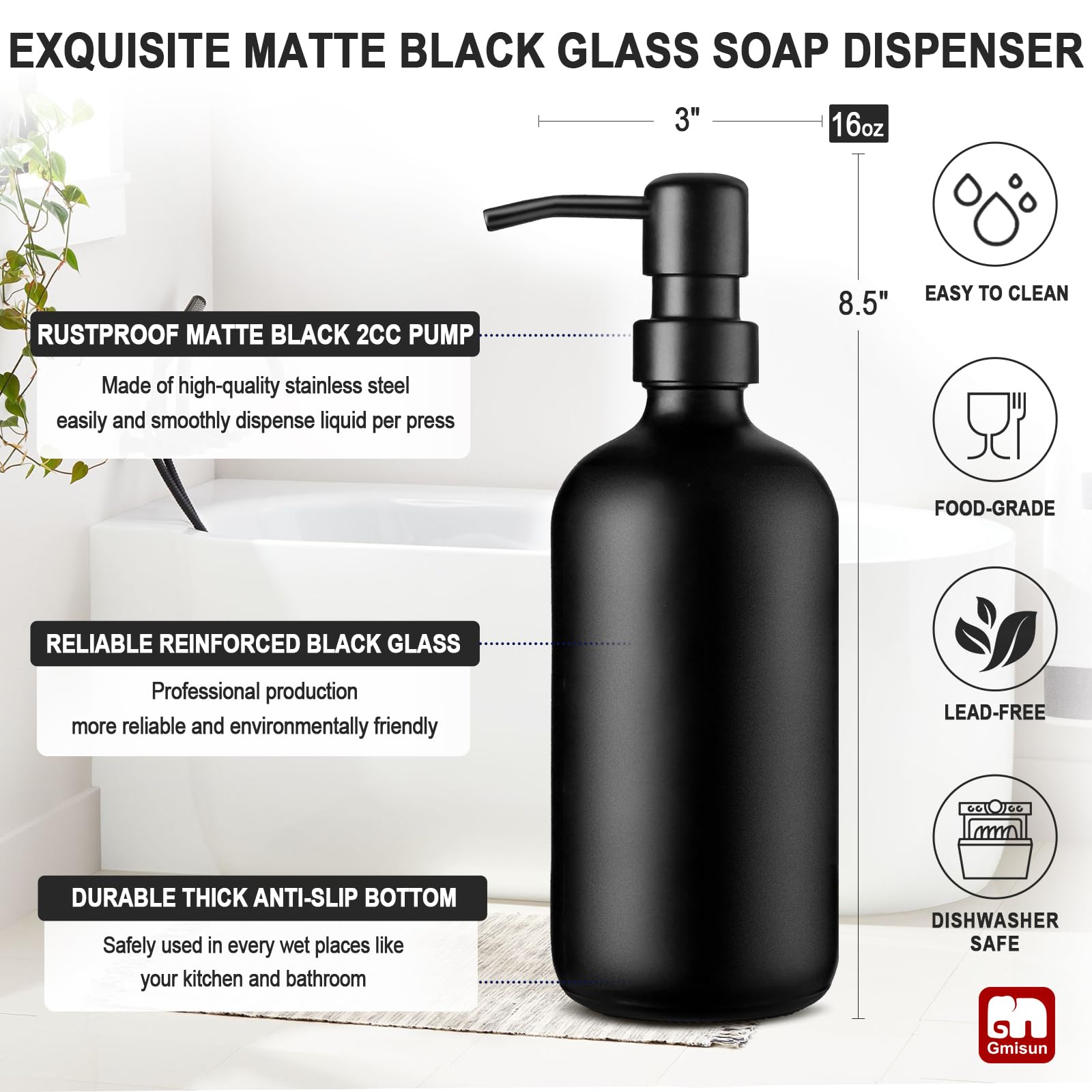 Gmisun Black Soap Dispenser, 1 Pack Matte Black Bathroom Hand Soap Dispenser, 16 Oz Dish Soap Dispenser For Kitchen With Rustpro