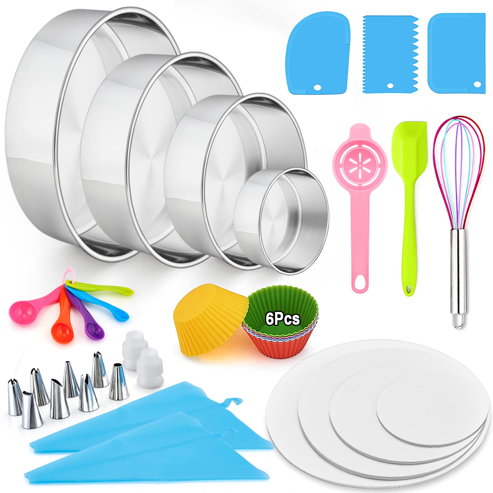 153Pcs Cake Baking Pan Set Decorating Supplies Kit, P&P Chef Stainless Steel 4/6/8/9.5 Inch Cake Pans With Icing Tips Tools, Par