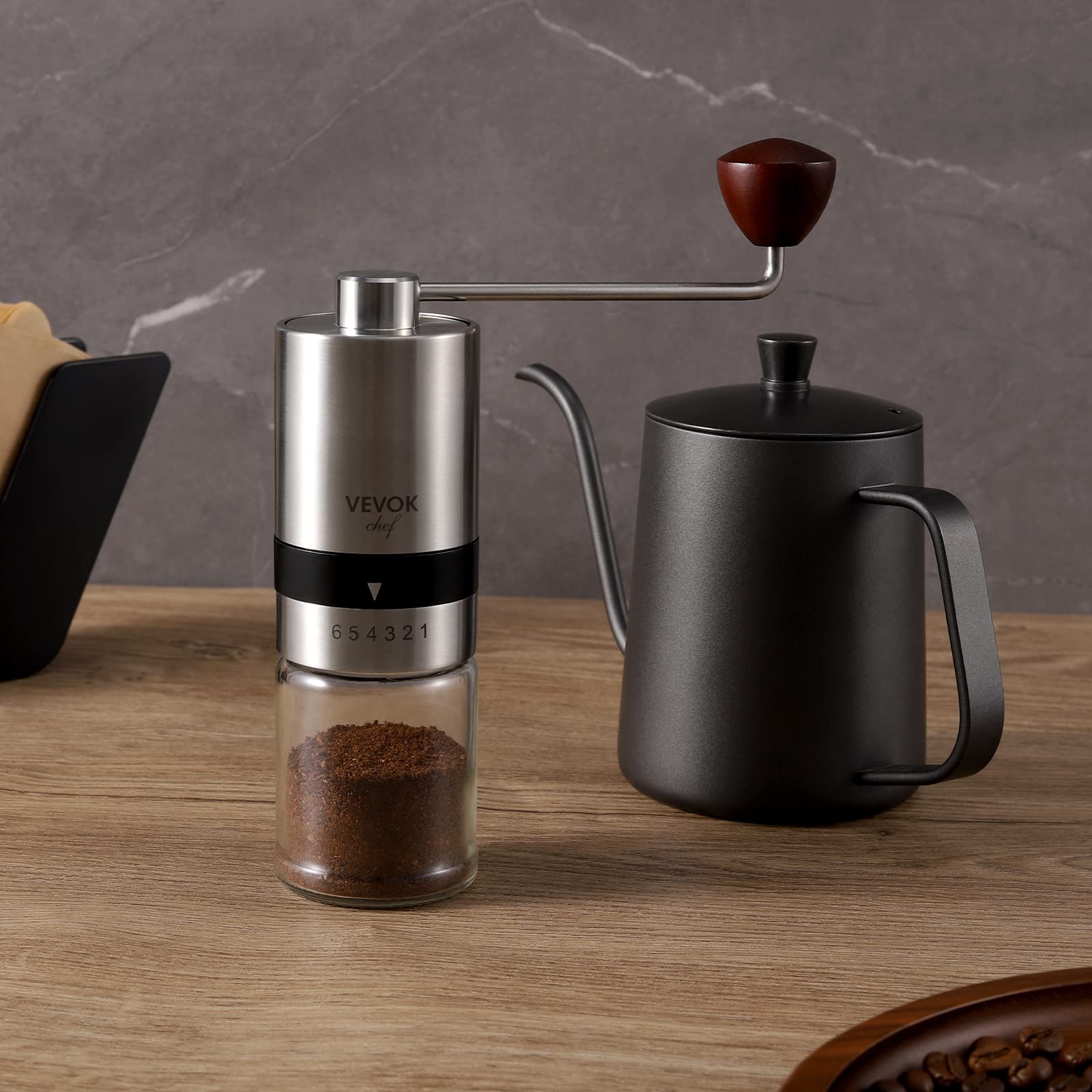Vevok Chef Manual Coffee Grinder Stainless Steel Burr Grinder 6 External Adjustable Setting Vintage Hand Coffee Grinder Portable
