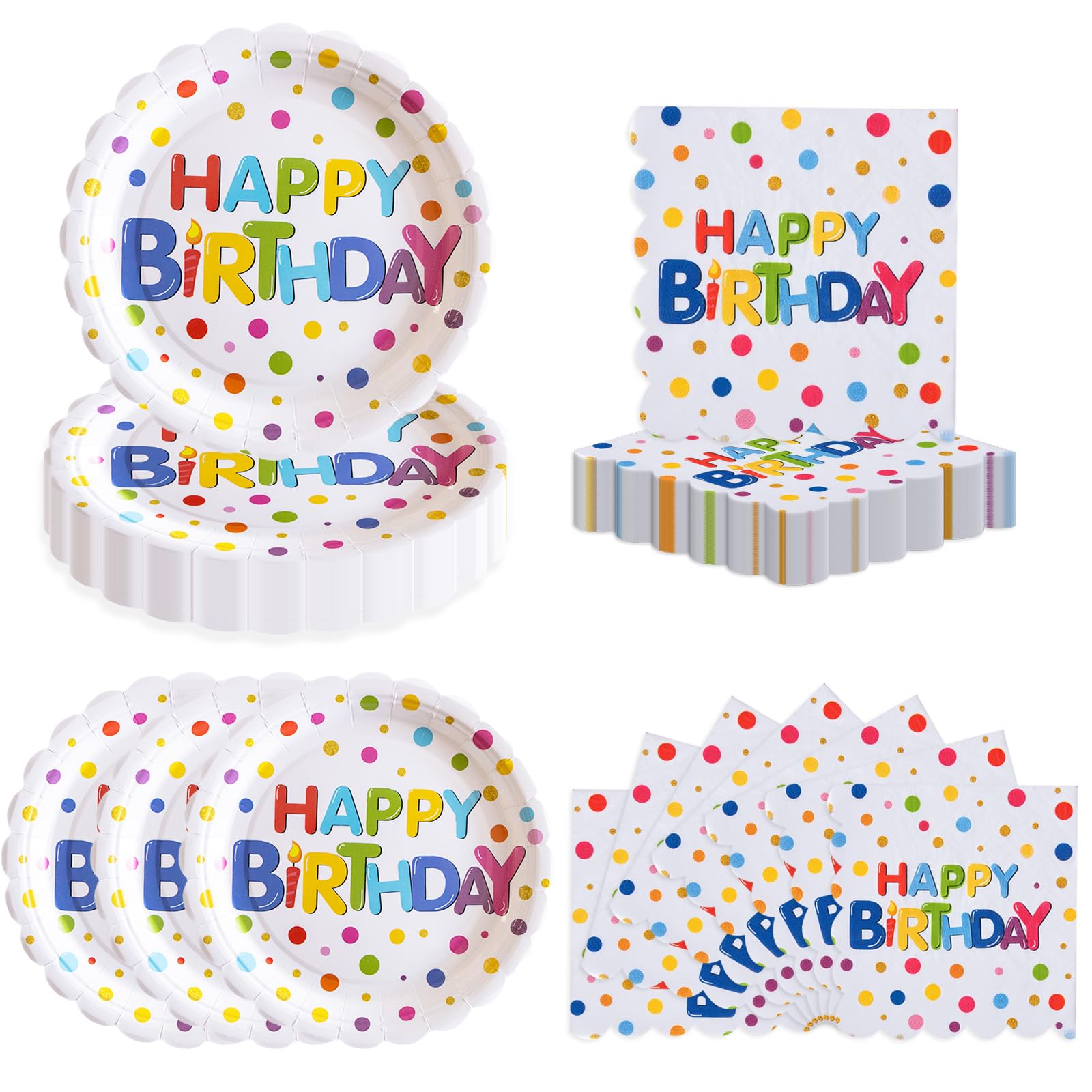 50 Pcs Happy Birthday Paper Plates and Napkins Set, 7 Colorful Polka Dot Disposable Party Scalloped Dessert Plate and Napkins,Pa